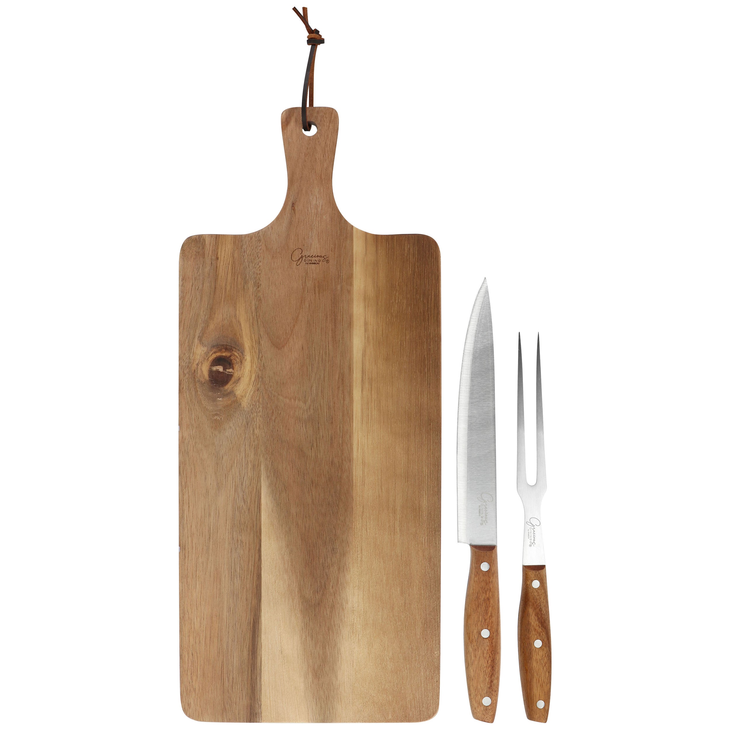 Gibson Elite  3 Piece Acacia Wood Serving Board with Carving Knife and Fork in Brown
