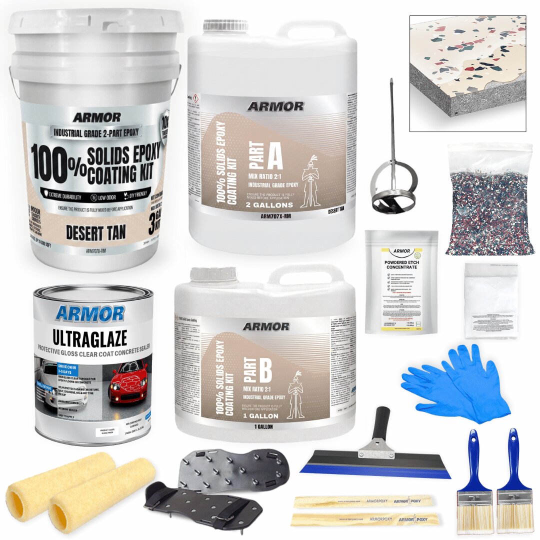 Armorpoxy 600 SQ FT Commercial Grade, Ultra Thick, 2 Layer 2-part Desert Tan With Flakes Epoxy Concrete and Garage Floor Paint ( 3-gallon )