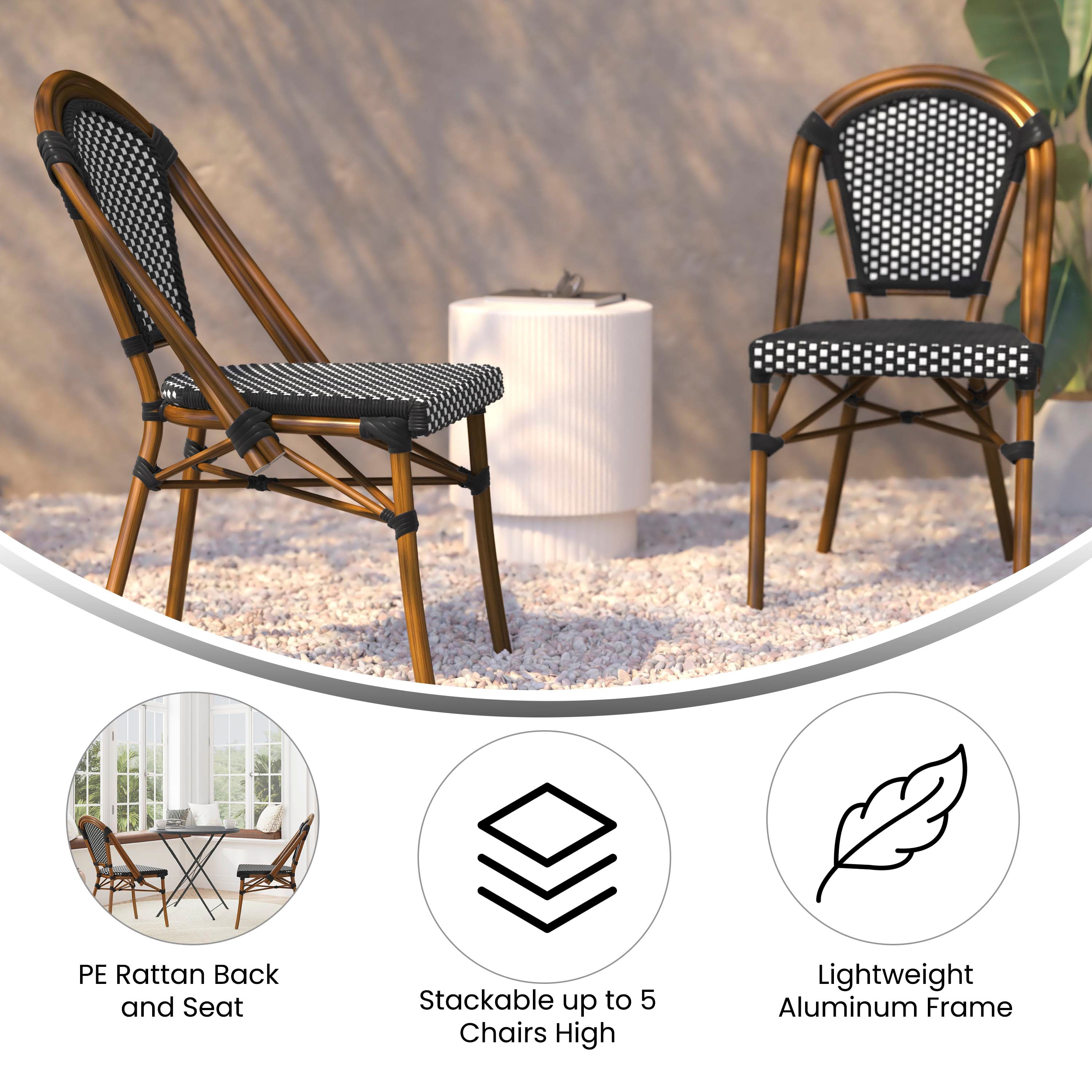 Black and White PE Rattan Armless Bistro Chairs with Bamboo Print Frame, Set of 2