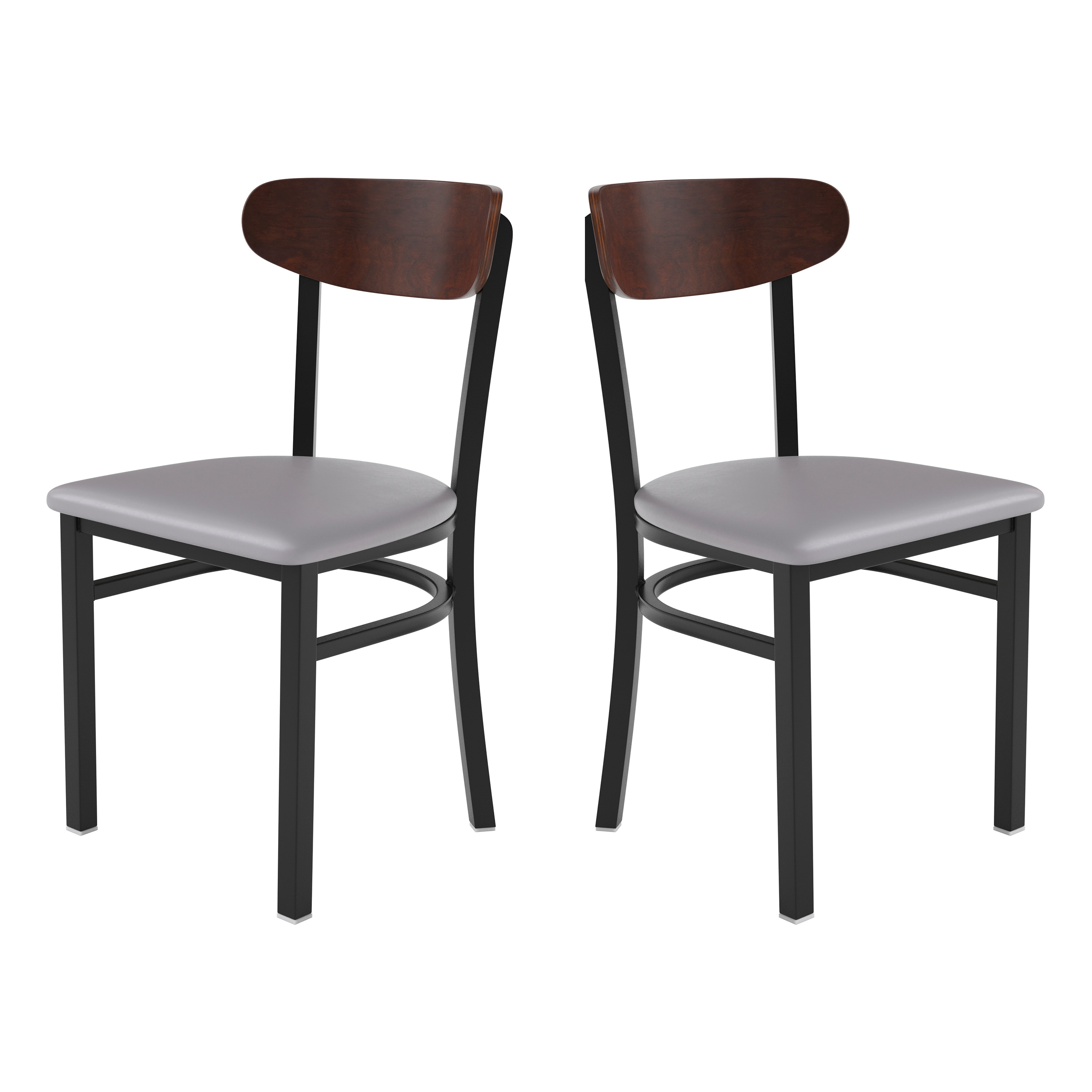 Flash Furniture 196861011313 Wright Set of 2 Commercial Dining Chairs with 500 LB. Capacity Black Steel Frame; Walnut Finish Wooden Boomerang Back; and Gray Vinyl Seat