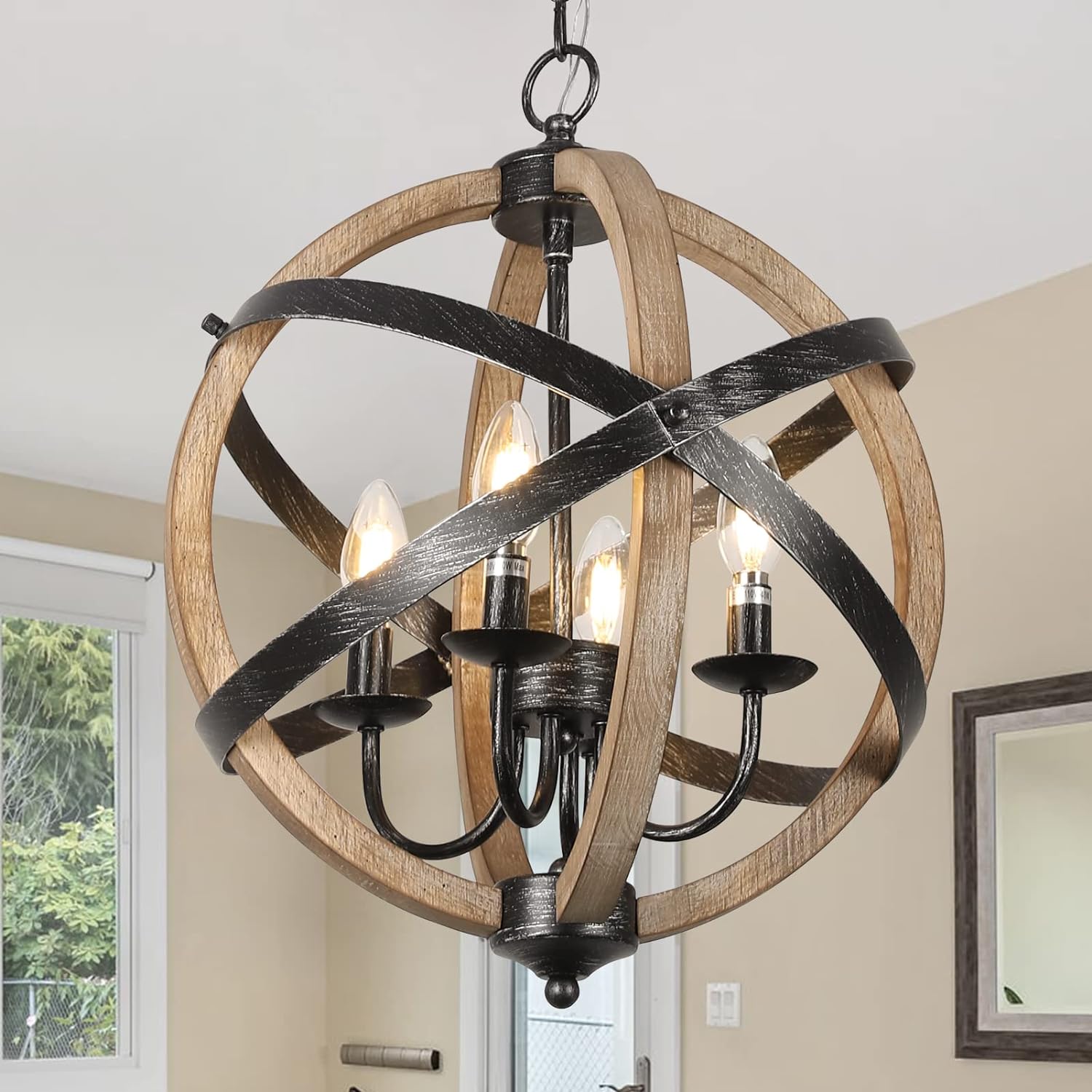 ZHLLMQ Farmhouse 4-Light Rustic Black and Wood Hardwired Chandelier with Globe Frame 16-in Indoor Pendant Light Fixture