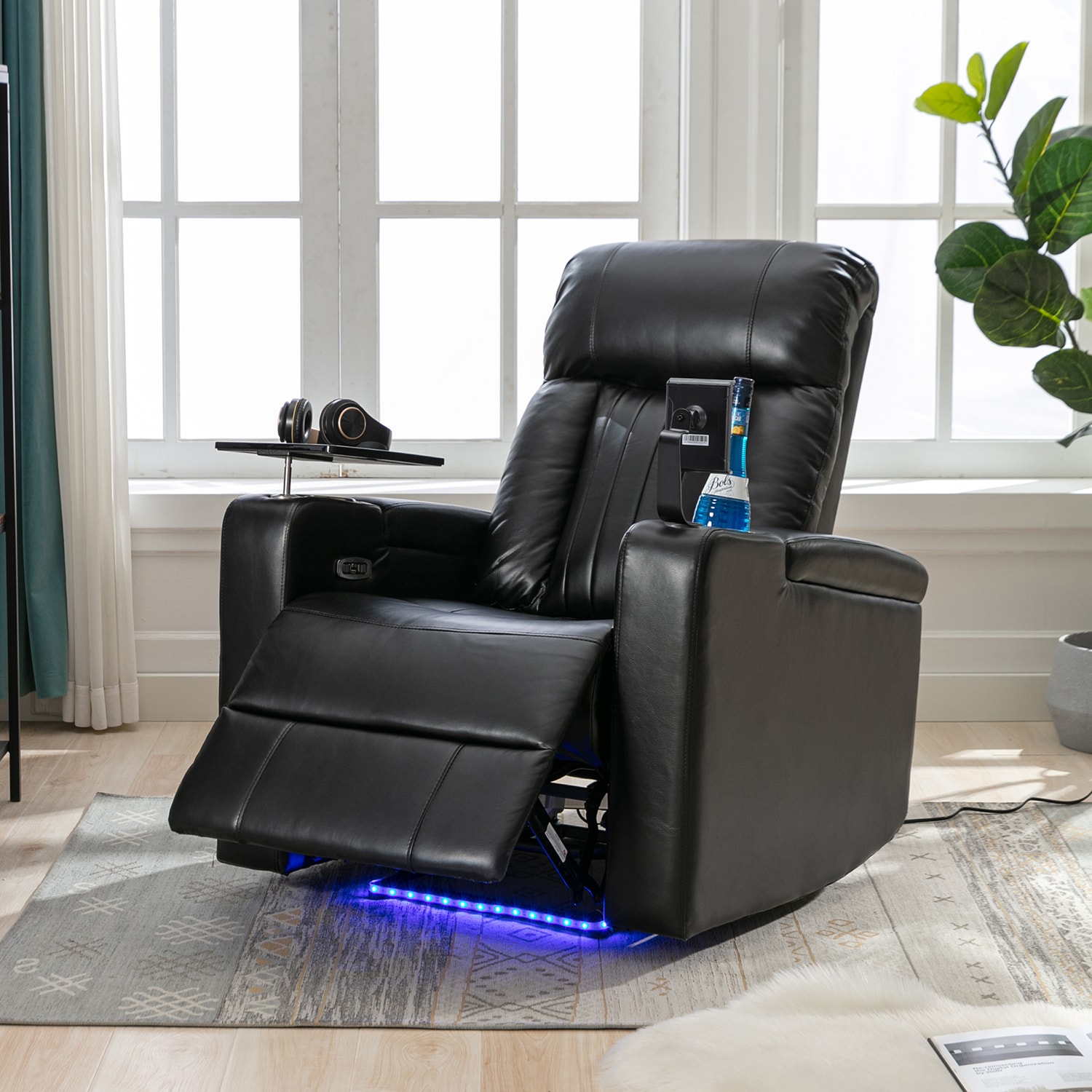 SINOFURN Black Faux Leather Upholstered Swivel Powered Reclining ...