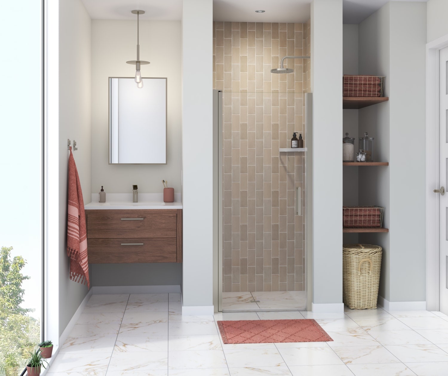 MAAX 138265-900-305-100 Manhattan Brushed Nickel 33-in to 35-in W x 68-in H Frameless Pivot Shower Door 1/4-in Thick Clear Glass