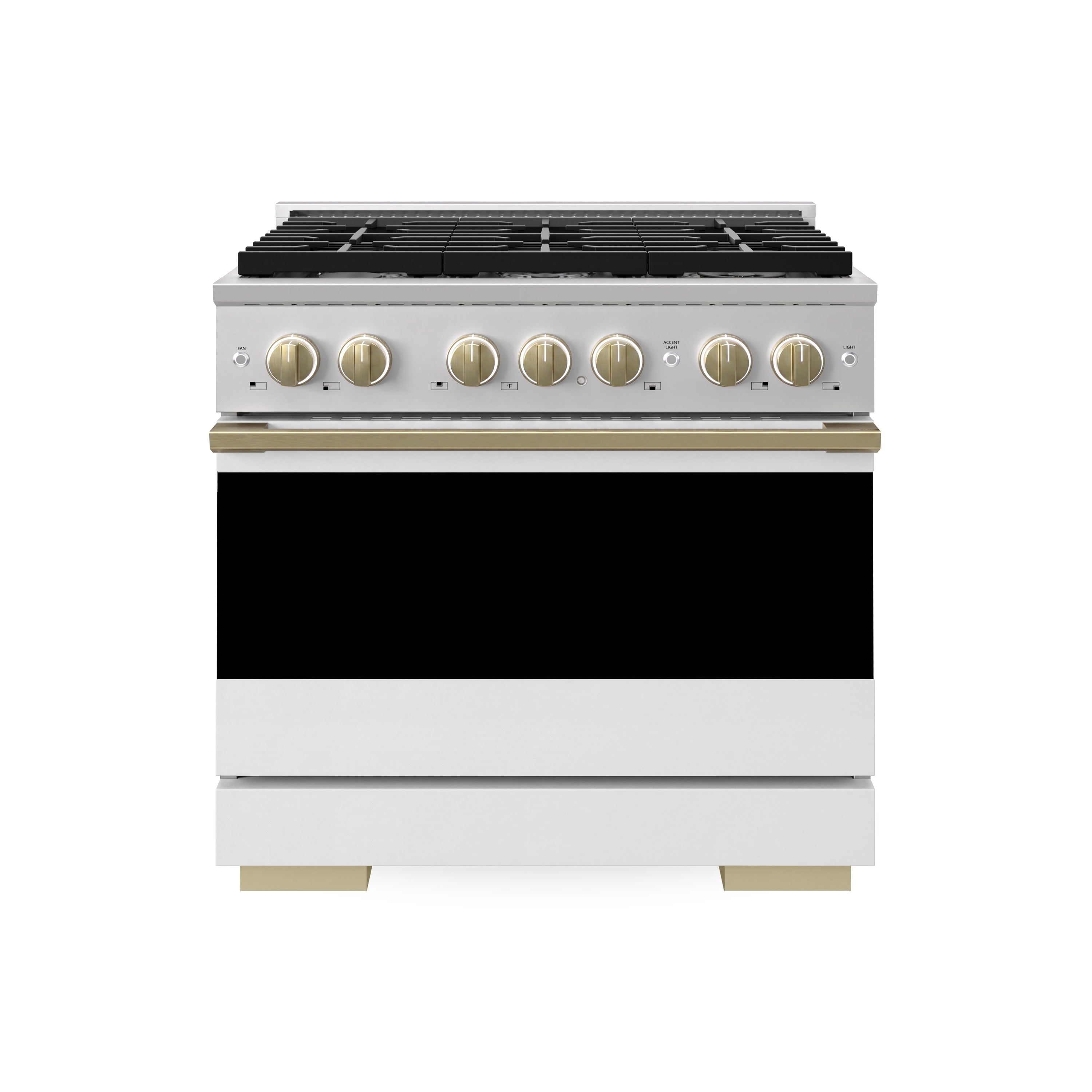 ZLINE KITCHEN & BATH Marino Collection 36-in 6 burners 5.2-cu ft Convection Oven Freestanding Natural Gas Range ( Stainless Steel with White Matte Oven Door and Champagne Bronze Accents ) #MGRZ-WM-36-CB
