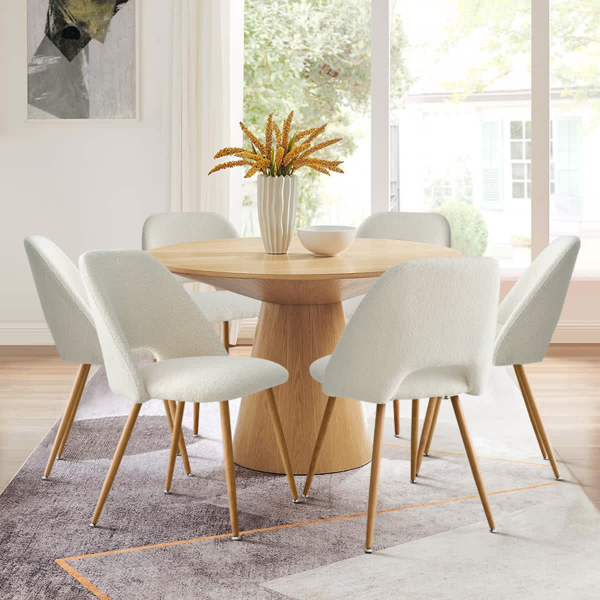 Maison Boucle EDWIN-CHR-BO-BEIGE-6 Set of 6 Modern Beige Boucle Upholstered Dining Chairs with Oak-Finish Metal Legs for Dining Room