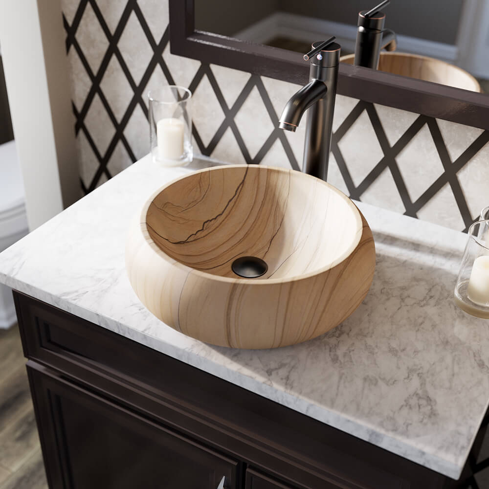 MR Direct 869-718-ABR Stone Vessel Round Modern Sandstone Bathroom Sink with Faucet Included with Drain Included ( 15.5-Inches x 15.5-Inches )