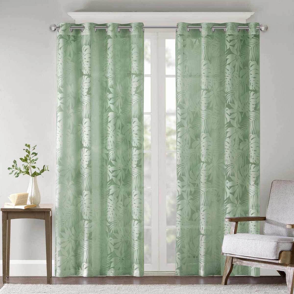 JUJABU 84-Inches Green Palm Leaf Burnout Window Sheer Sage Curtain Panel #EBHD-52