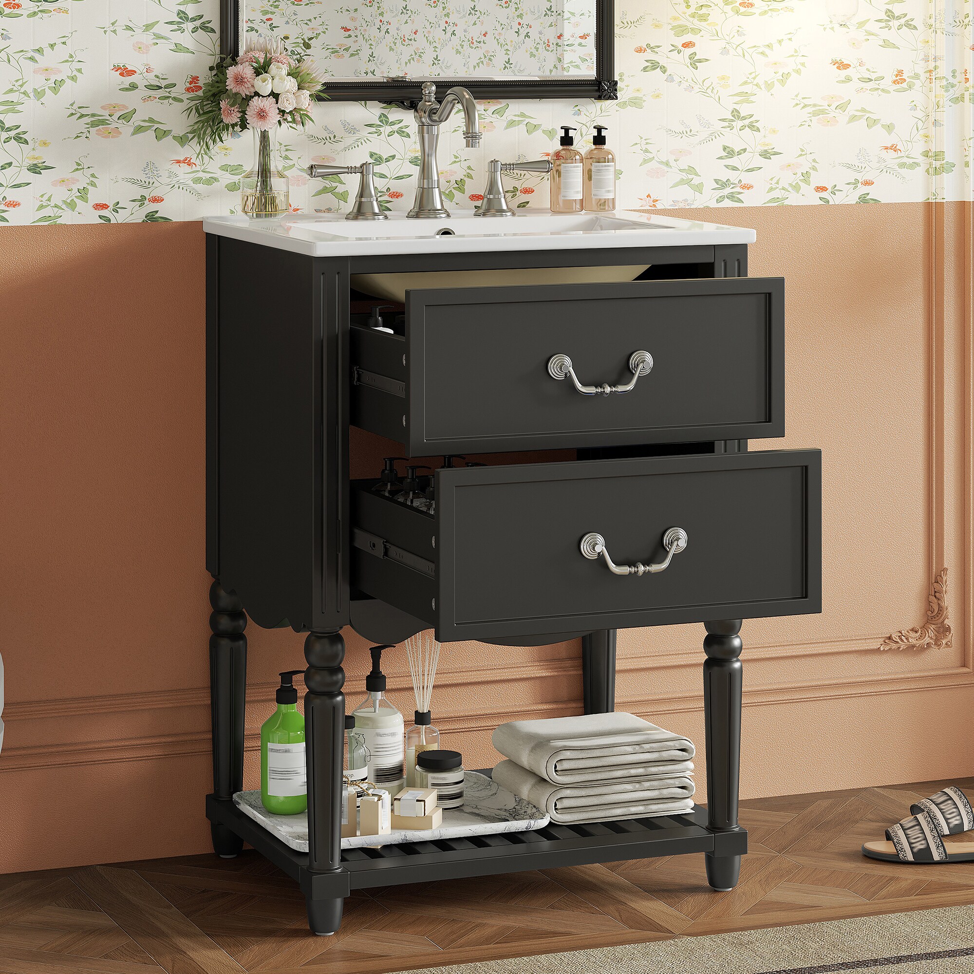 Qualler  24 Inch Bathroom Vanity with Ceramic Sink 2 Drawers and Open Shelf - Black