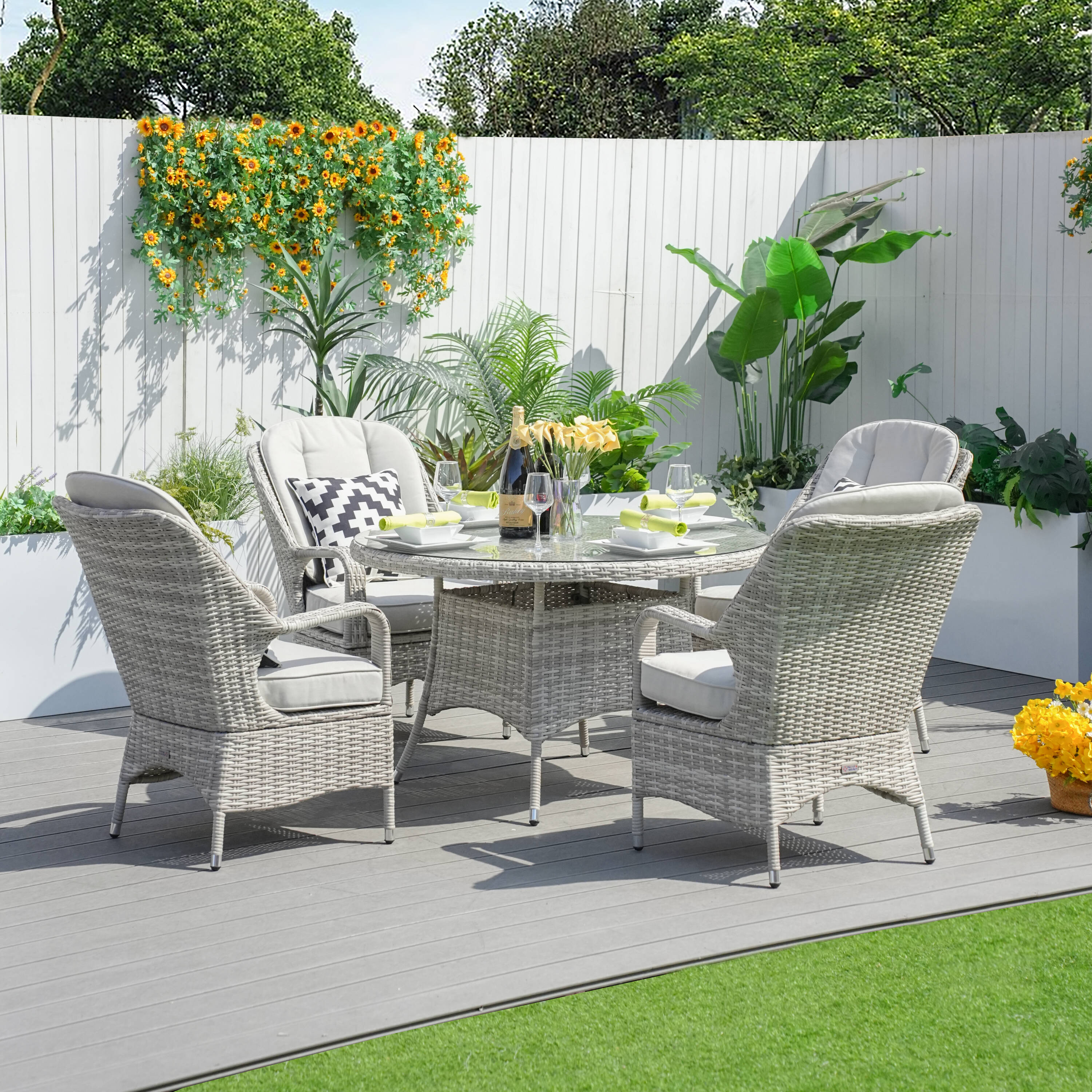 Direct Wicker DWD-1709009-WW 5 -Piece GRAY Wicker Patio Dining Set Wicker Round Table with 4 Light gray Cushions Stationary Chairs