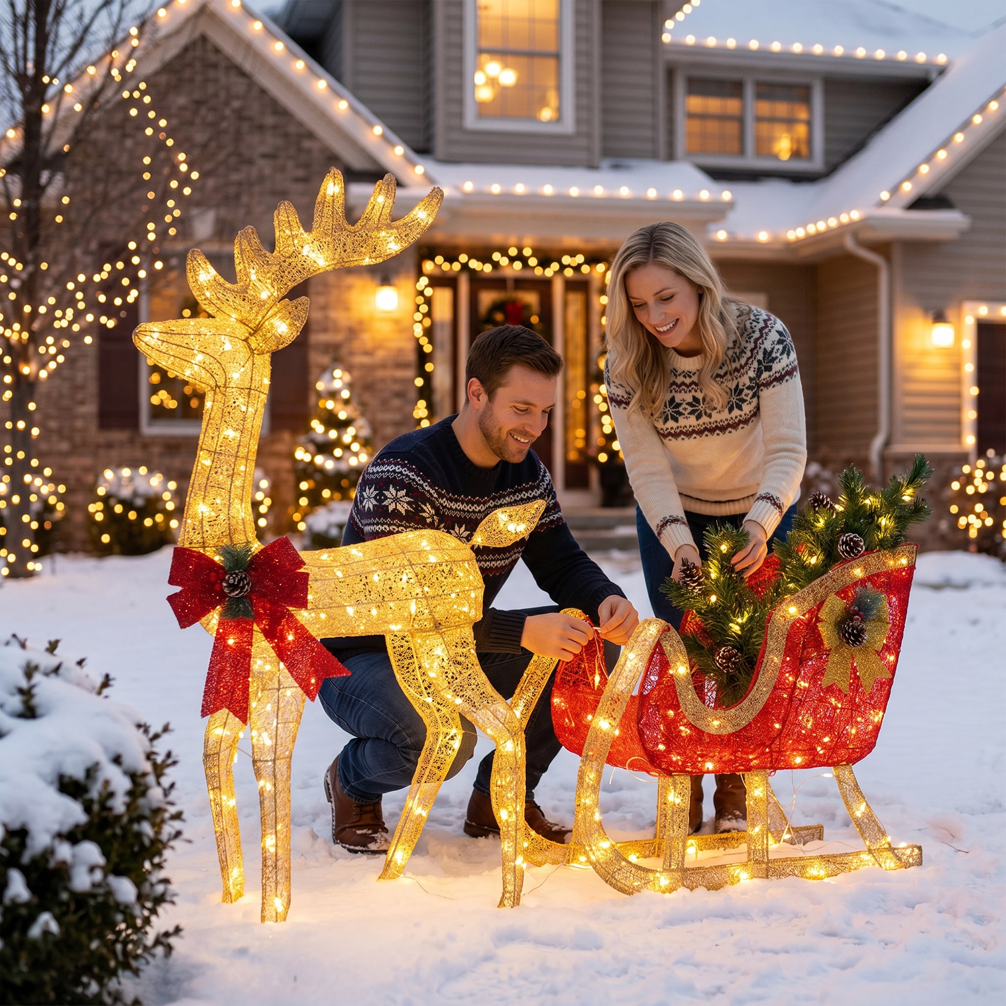 DEXSO Lighted Christmas Reindeer And Sleigh 2 Piece Set Outdoor Yard