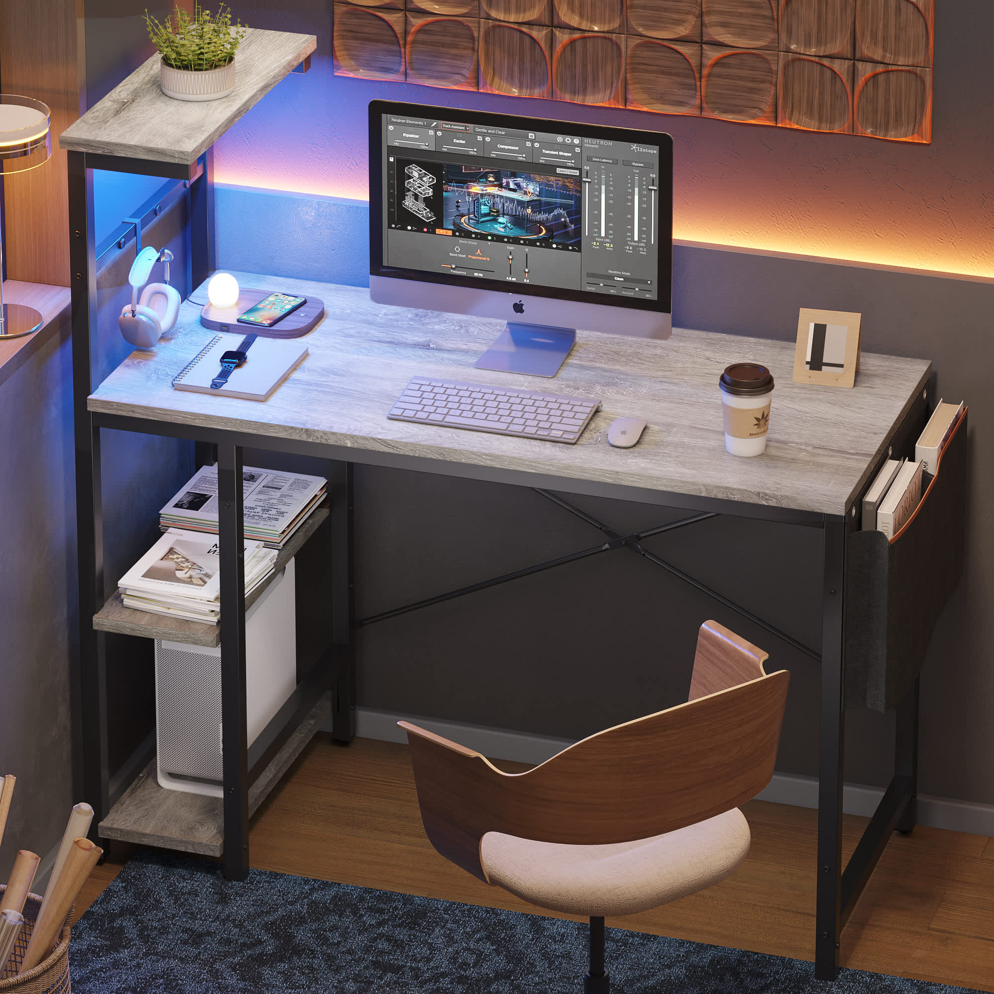 Bestier LOW-D471Z-RGOL 44.49-in W 4-Shelf Grey Computer Desk with LED Lights and Power Outlet