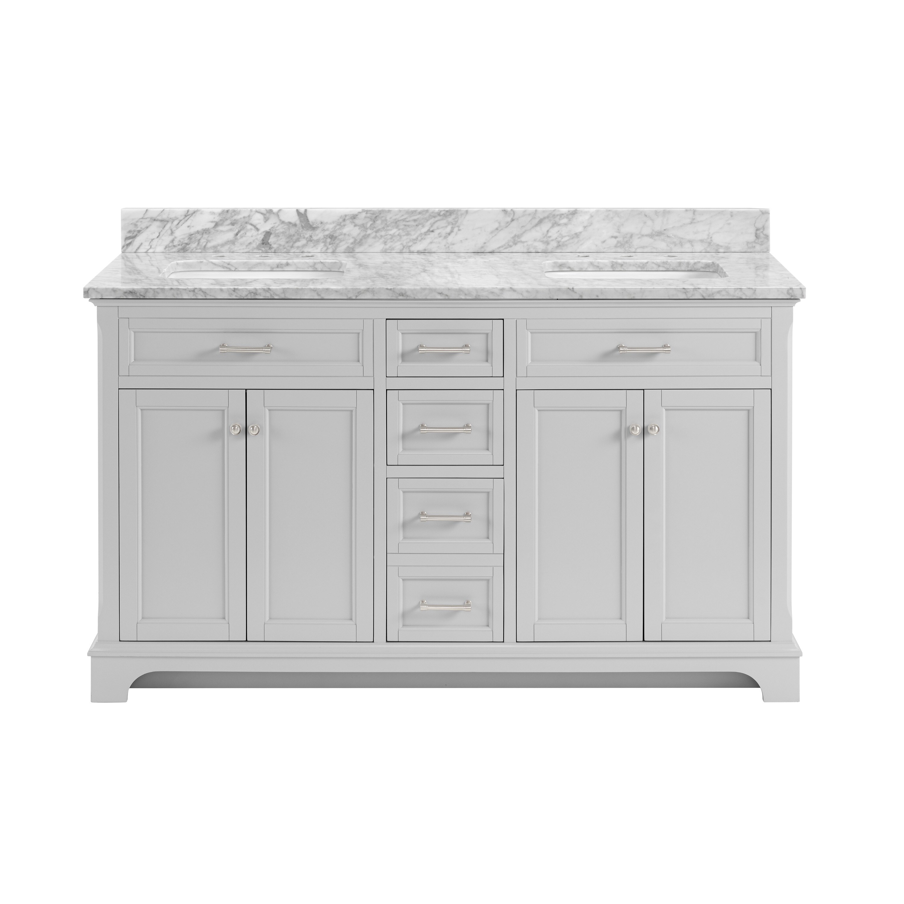  EQLOO 60 Grey Square Double Sink Bathroom Vanity Compact Set 4  Large Folding Doors 5 Drawers Carrara White Marble Stone Top backsplash  Bathroom Cabinet No Mirror (60 inch, Grey