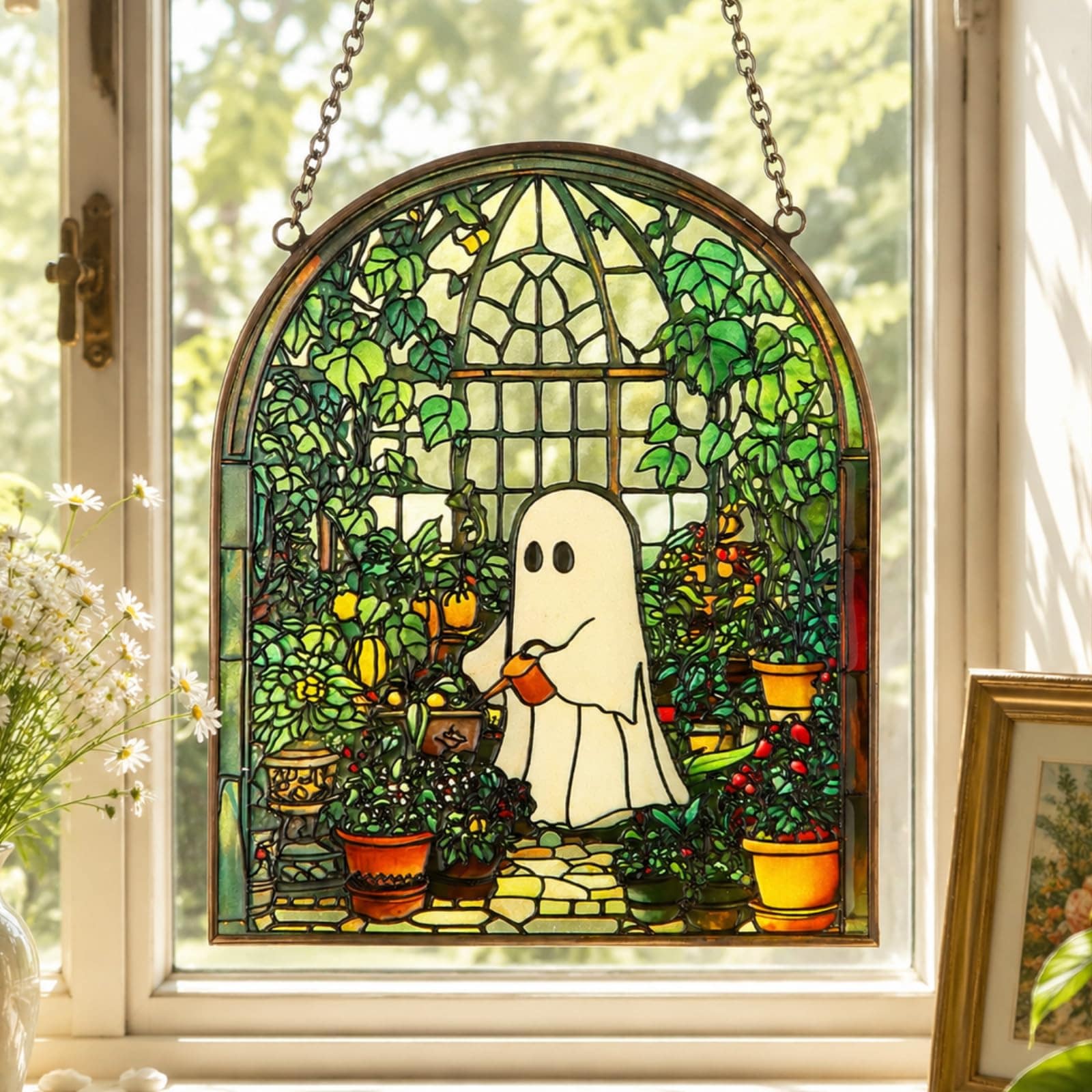 Linder Group Inc Ghost Plant Suncatcher Stained Glass Window Ornament Halloween Garden Decor Cute Greenhouse Light Catcher for Home Family Art Wall Decoration