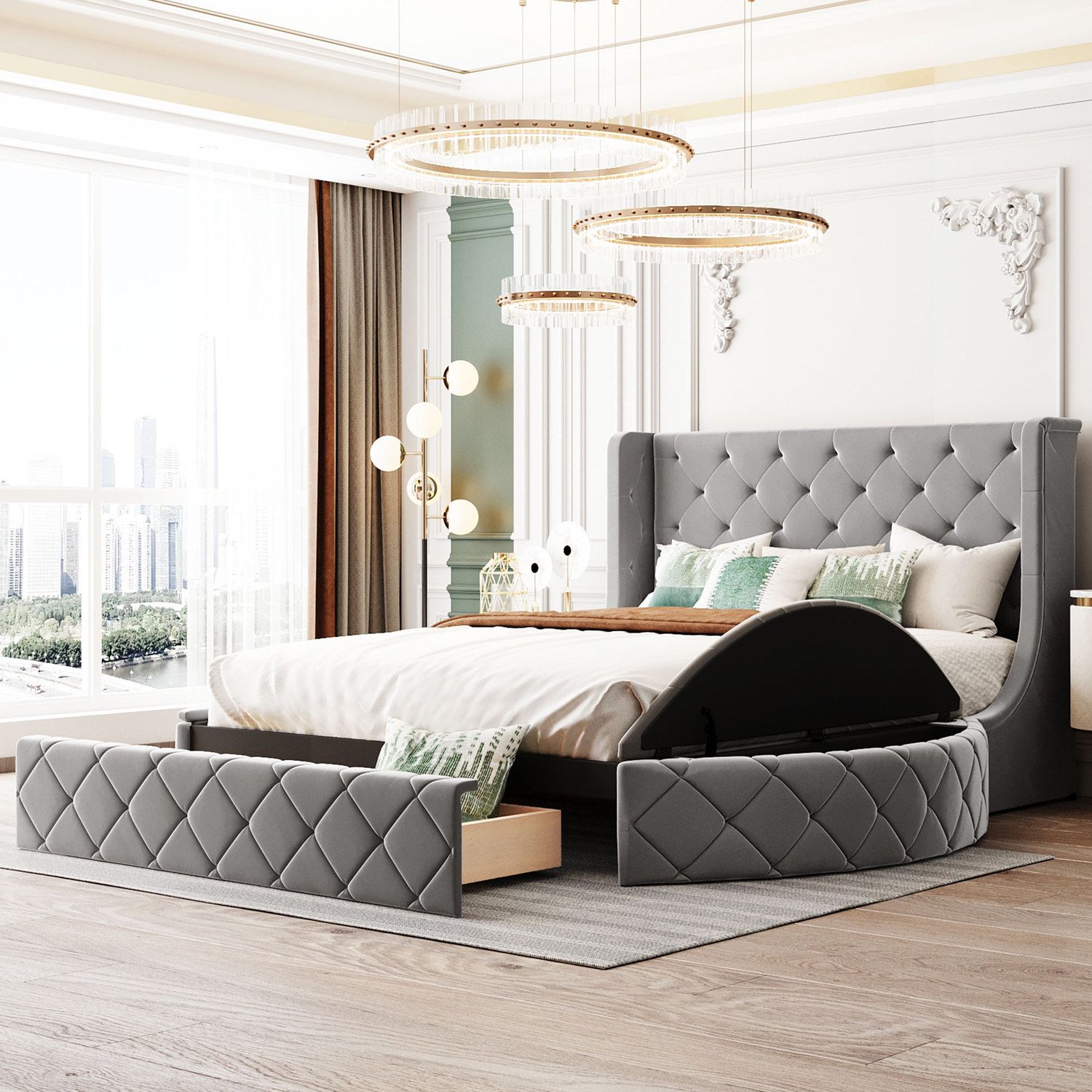 JASMODER LP000815AAE Gray Queen Composite Platform Bed with Storage