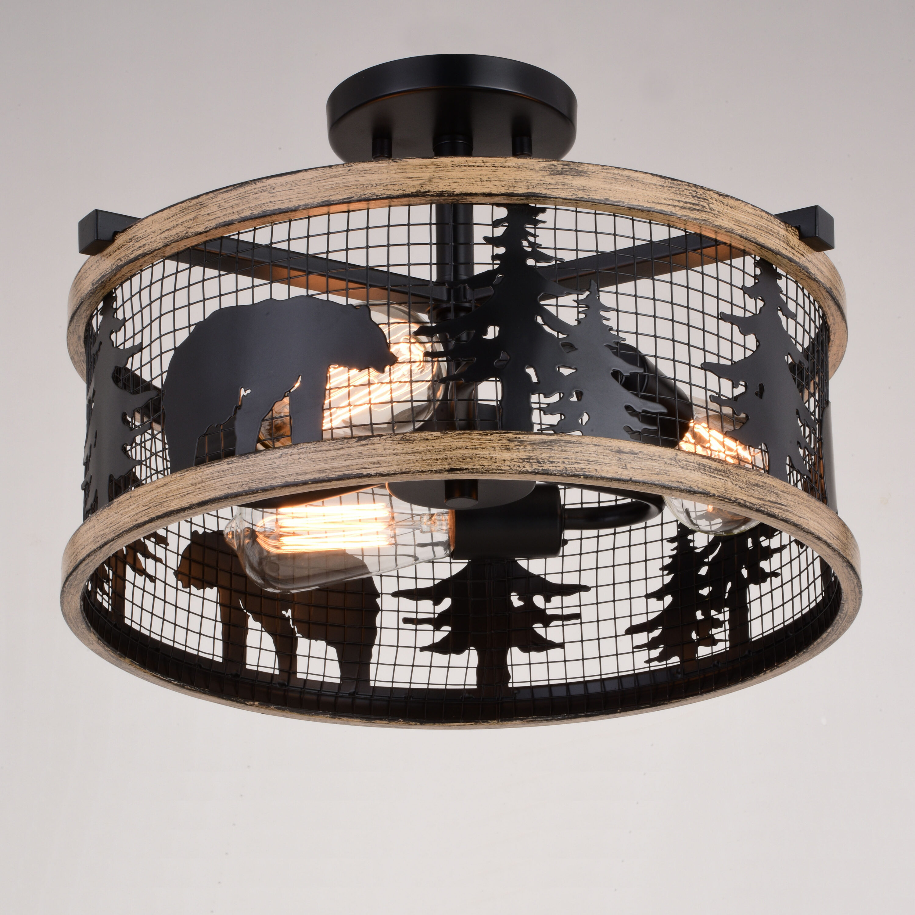 Kodiak Rustic Black and Teak 16" Drum Ceiling Light
