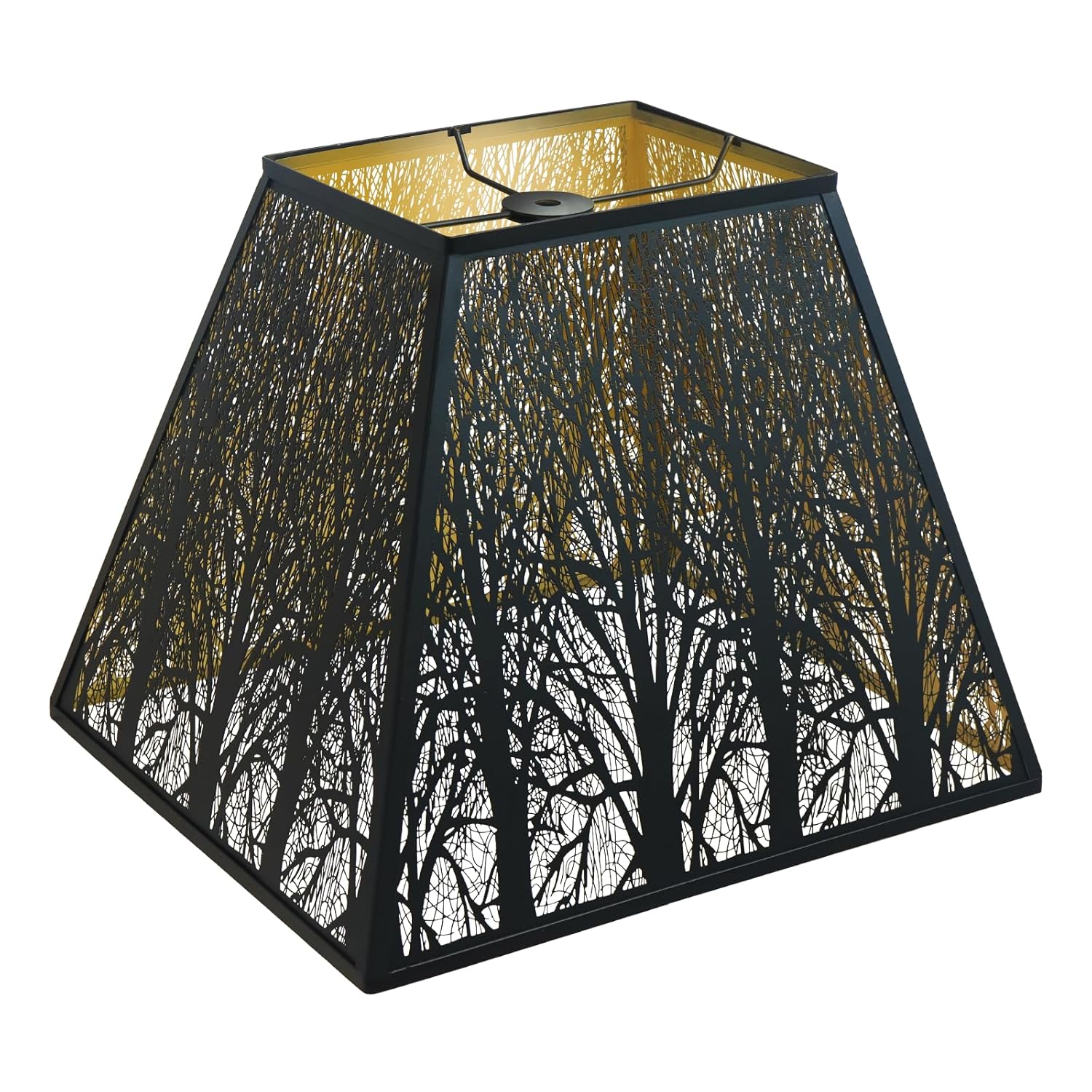 Alucset Square Metal Lamp Shade with Forest Cut-Out Pattern 8-Inch Top 14-Inch Bottom 11-Inch Height Spider Fitter for Table Lamps and Floor Lamps Black and Gold