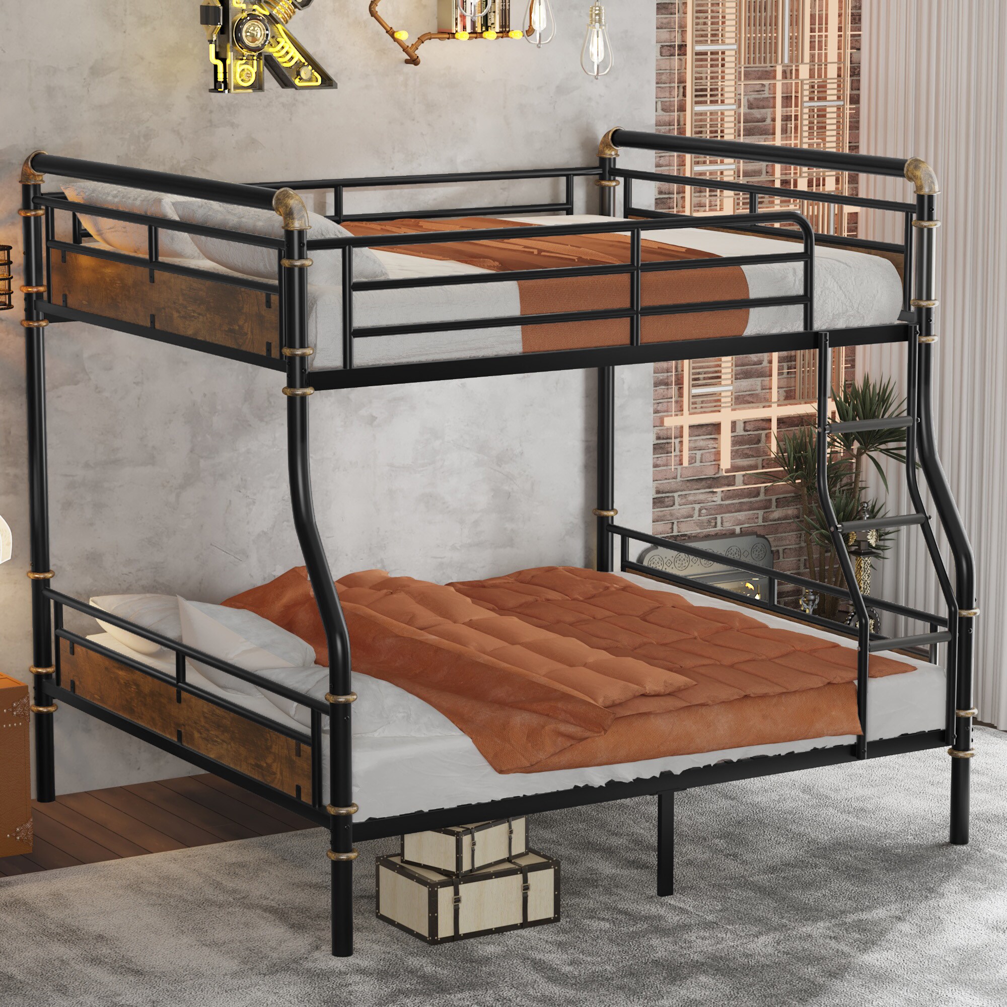 LOVMOR Full XL over Queen Metal Bunk Bed Industrial Detachable Bunkbeds ...