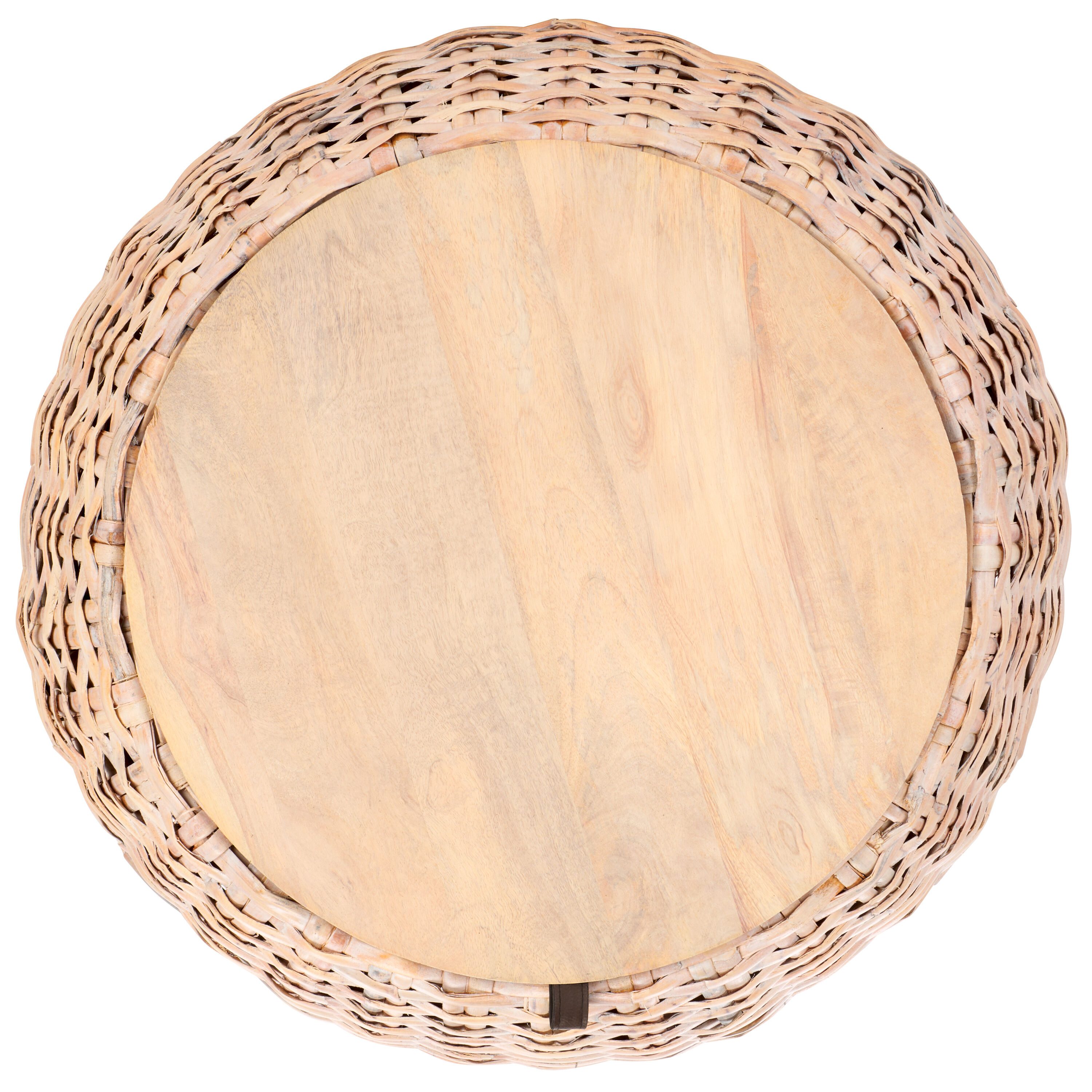 Natural White Wash Wood and Rattan Round Coffee Table