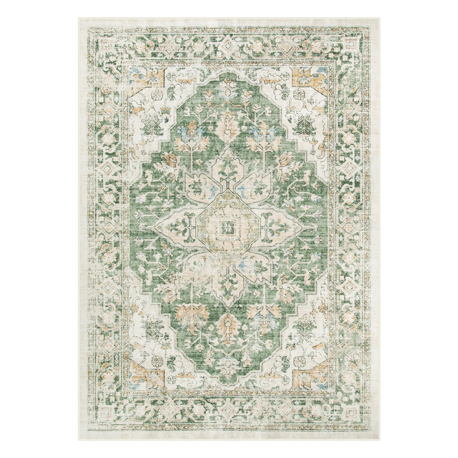 Lahome AR-DYRZP-010-G1 5 x 7 (ft) Green Large Floral Border Contrast Short Pile Velvet Rectangular Indoor Area Rug