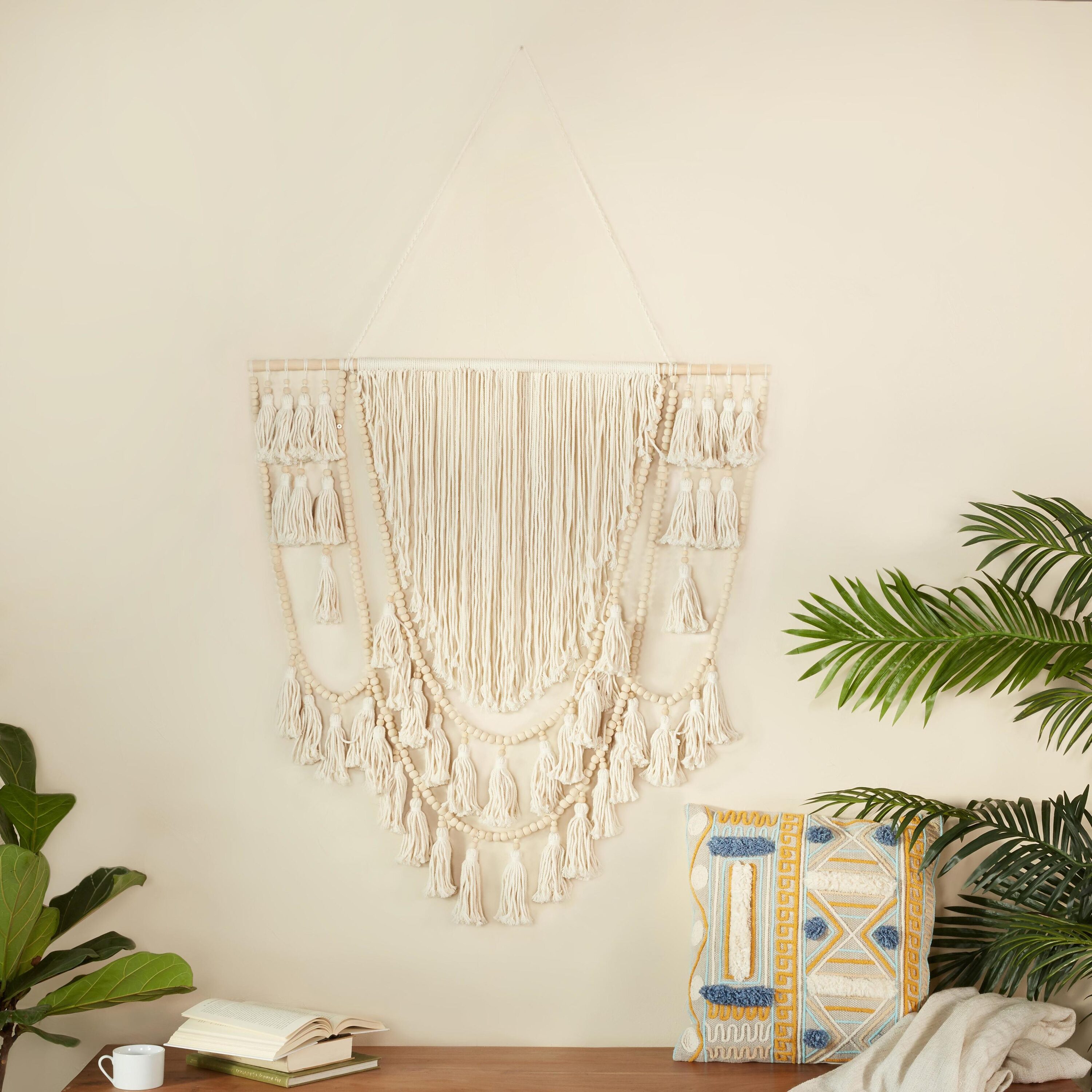 Grayson Lane 36694 40-Inches W x 66-Inches H Wood Macrame Handmade Intricately Weaved with Beaded Fringe Tassels Bohemian Wall tapestry