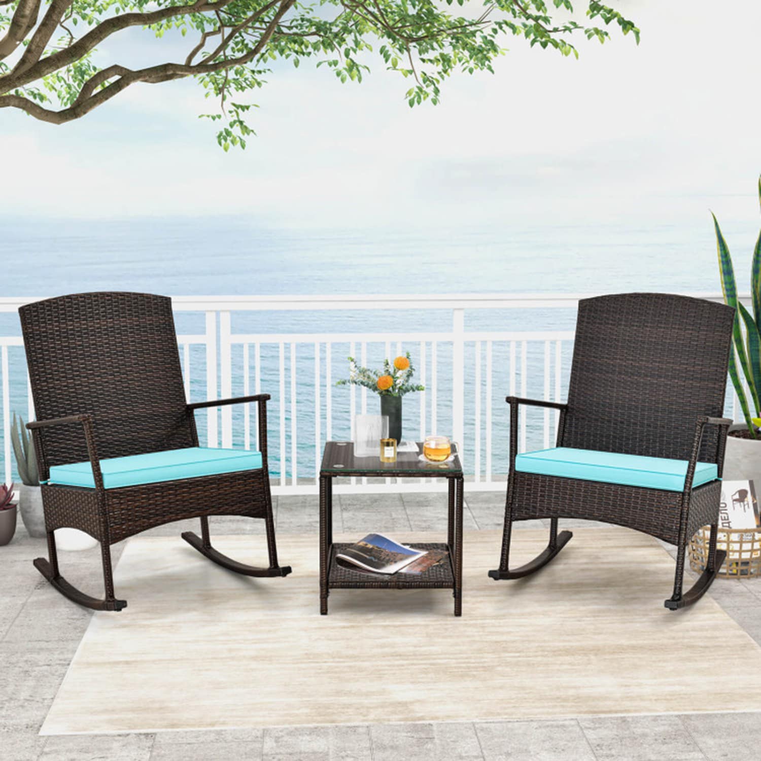 Mondawe 870HW-HY Rattan Outdoor Conversation with Off-white Cushions and