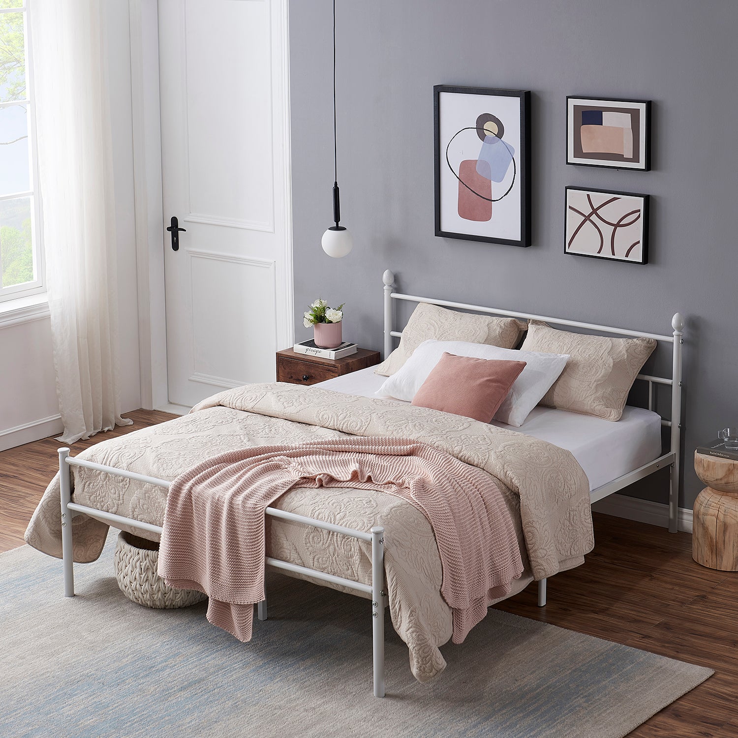 Vecelo LOE-YT-Q03-WHITE Queen Platform Bed Frame with Headboard and Footboard No Box Spring Needed White