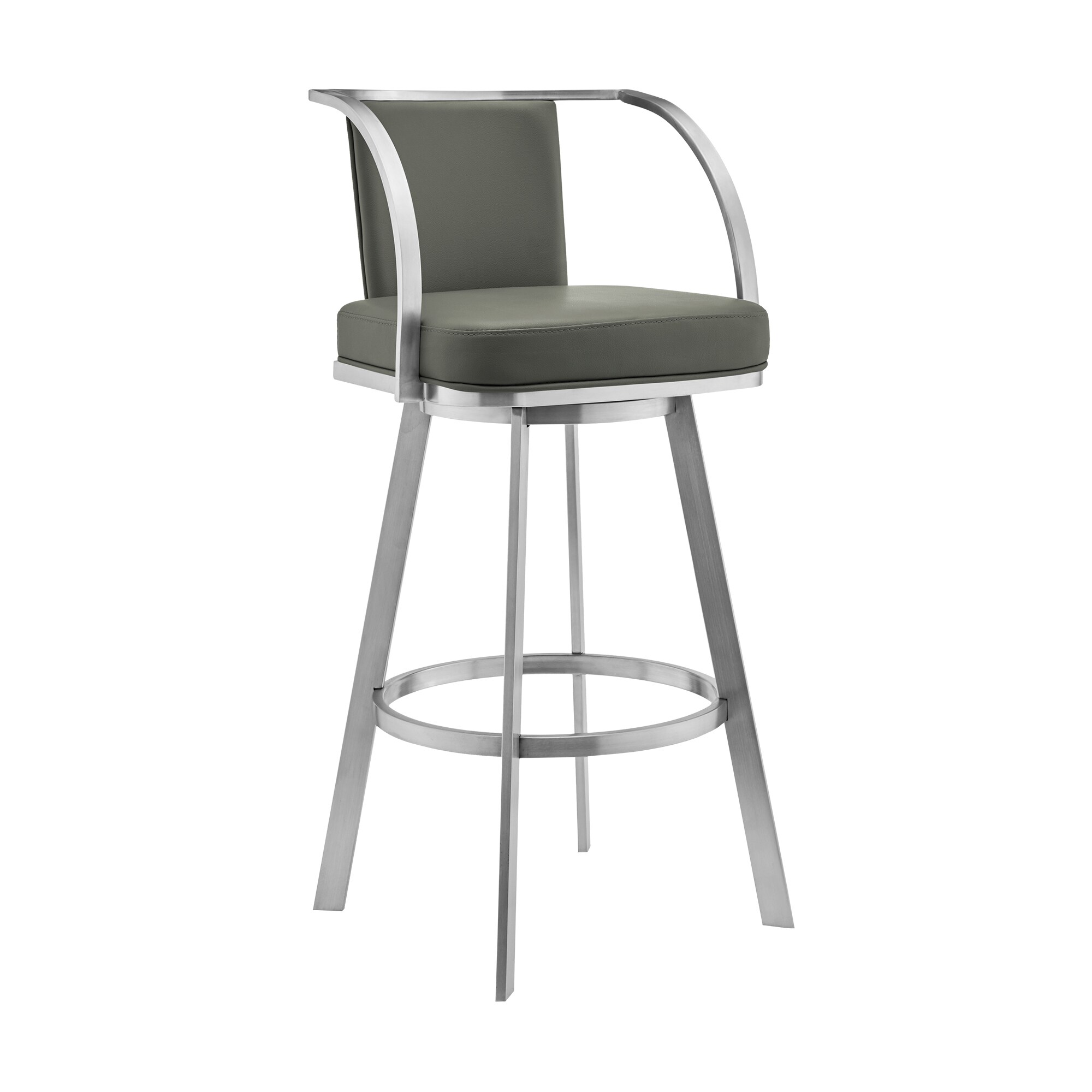 Armen Living LCLVBABSGR30 Brushed Stainless Steel 30.0-in H Bar height Bucket seat Upholstered Swivel Metal Bar Stool with Arms