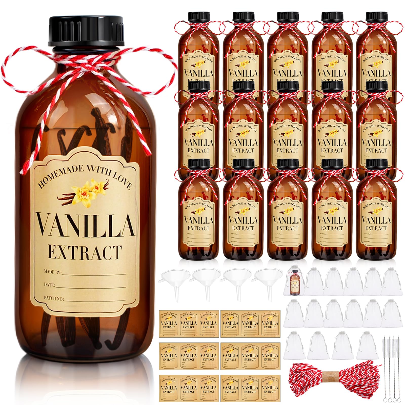 Aoibox  16 Pack 8 oz Amber Glass Boston Round Bottles with Caps Vanilla Extract Syrups Food Storage Set with Lids