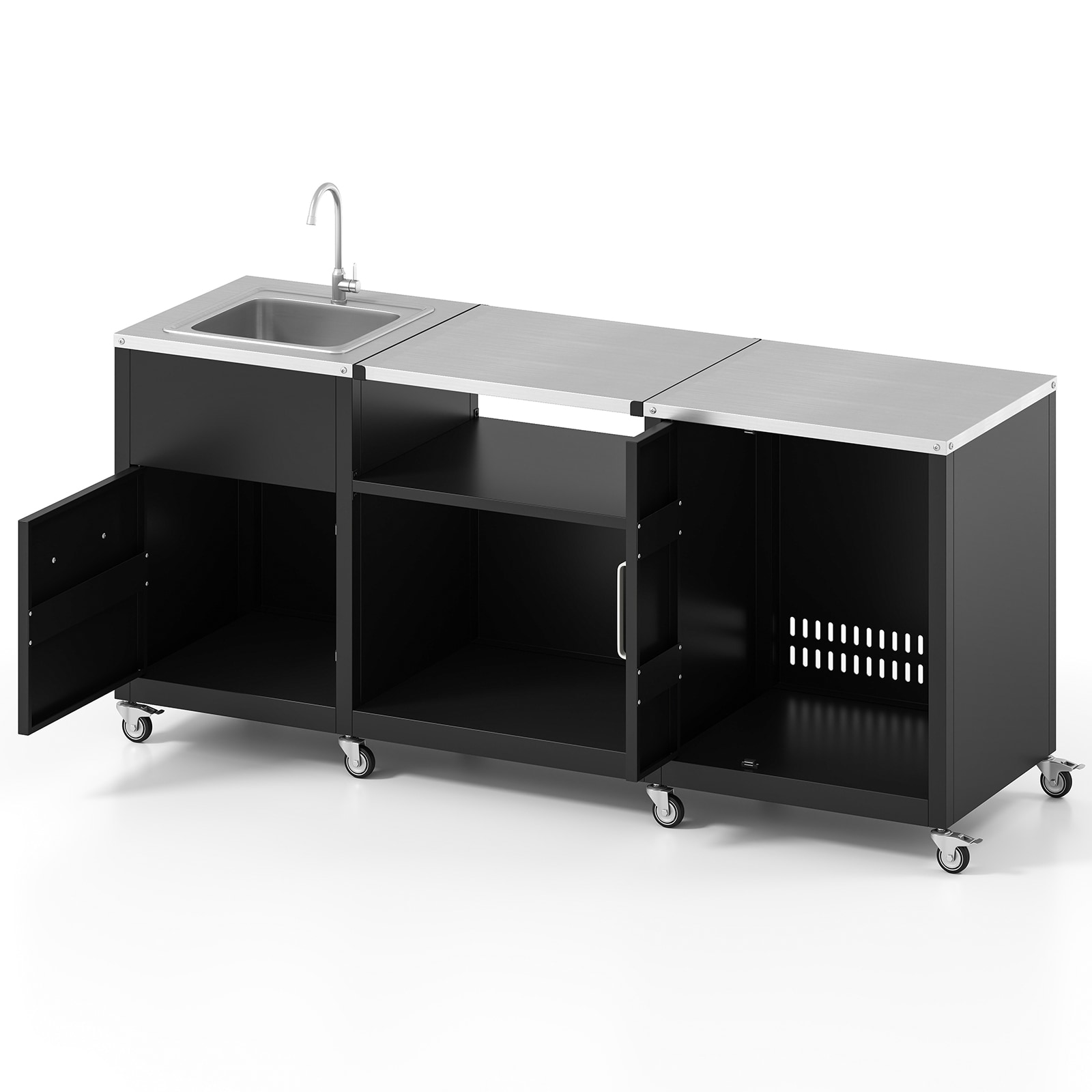 Slickblue - Outdoor Black Grill Cart with Sink Faucet Storage Cabinet and Lockable Wheels for Pat...