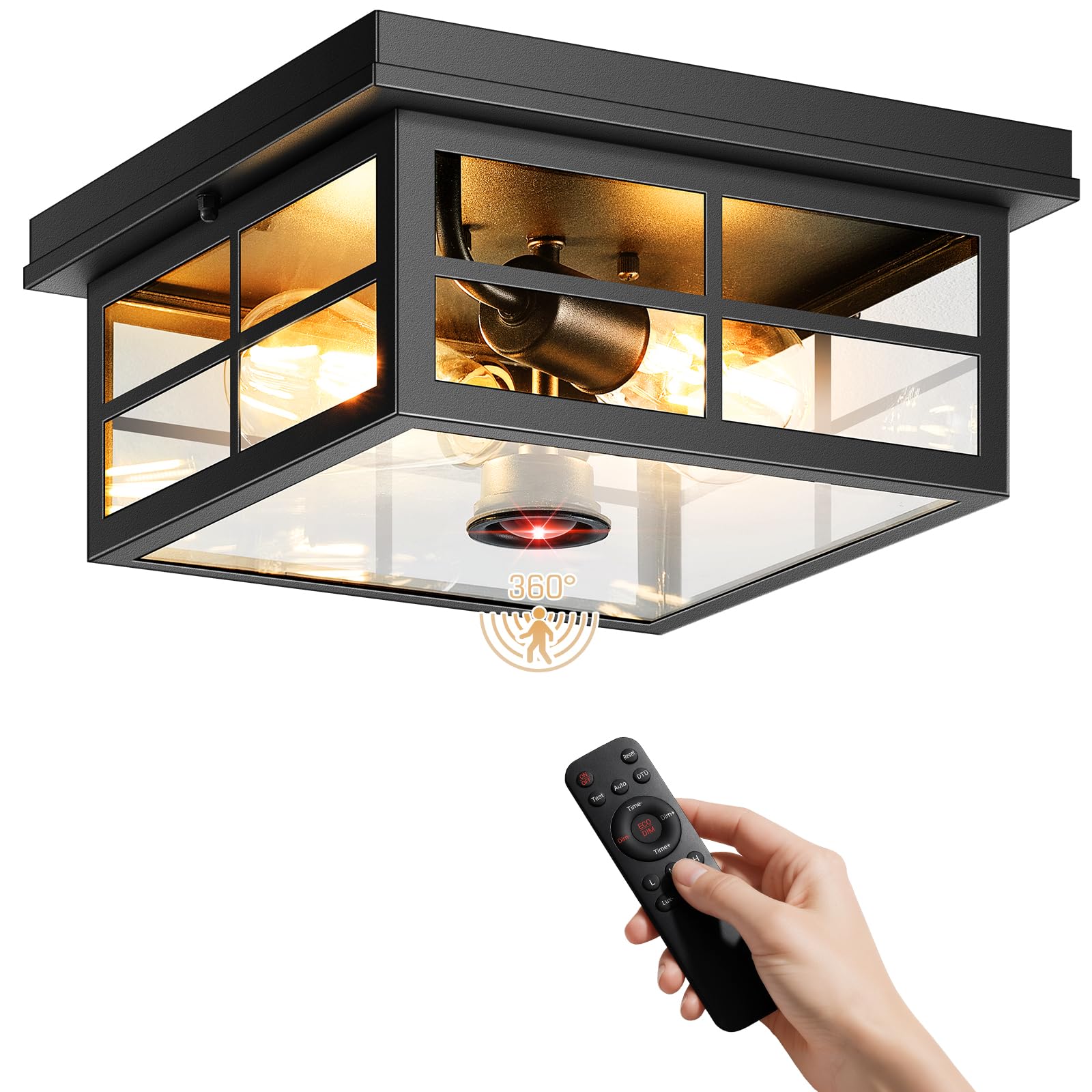 Vrbgify Motion Sensor Outdoor Ceiling Light with Remote Adjustable Distance Time Flush Mount Porch Garage Entryway Black Square #LVG0817V413