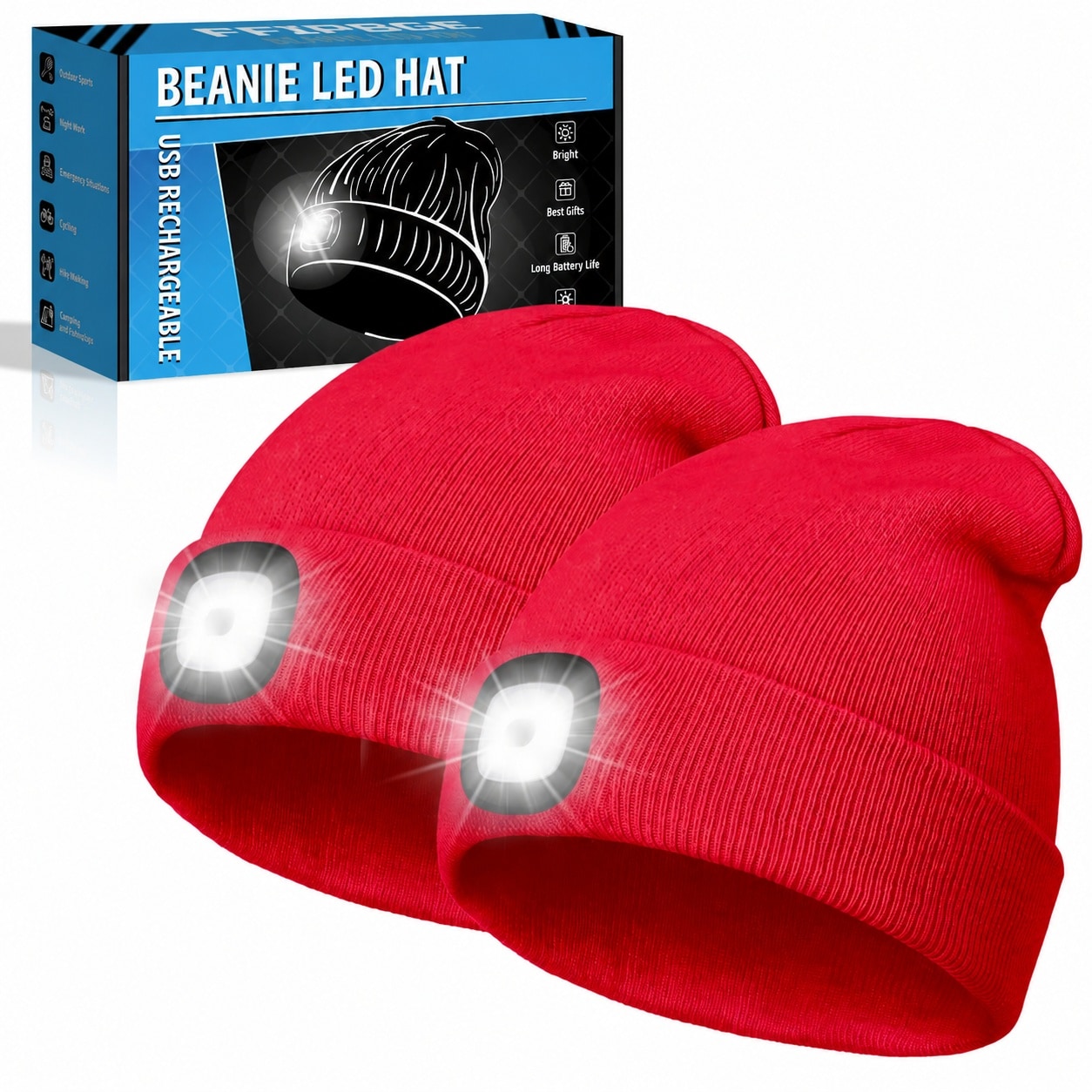SenQWFa  USB renewable power LED Beanie Hat with Built In Light for Camping Hiking Night Running and Outdoor Use 2 Pack Red