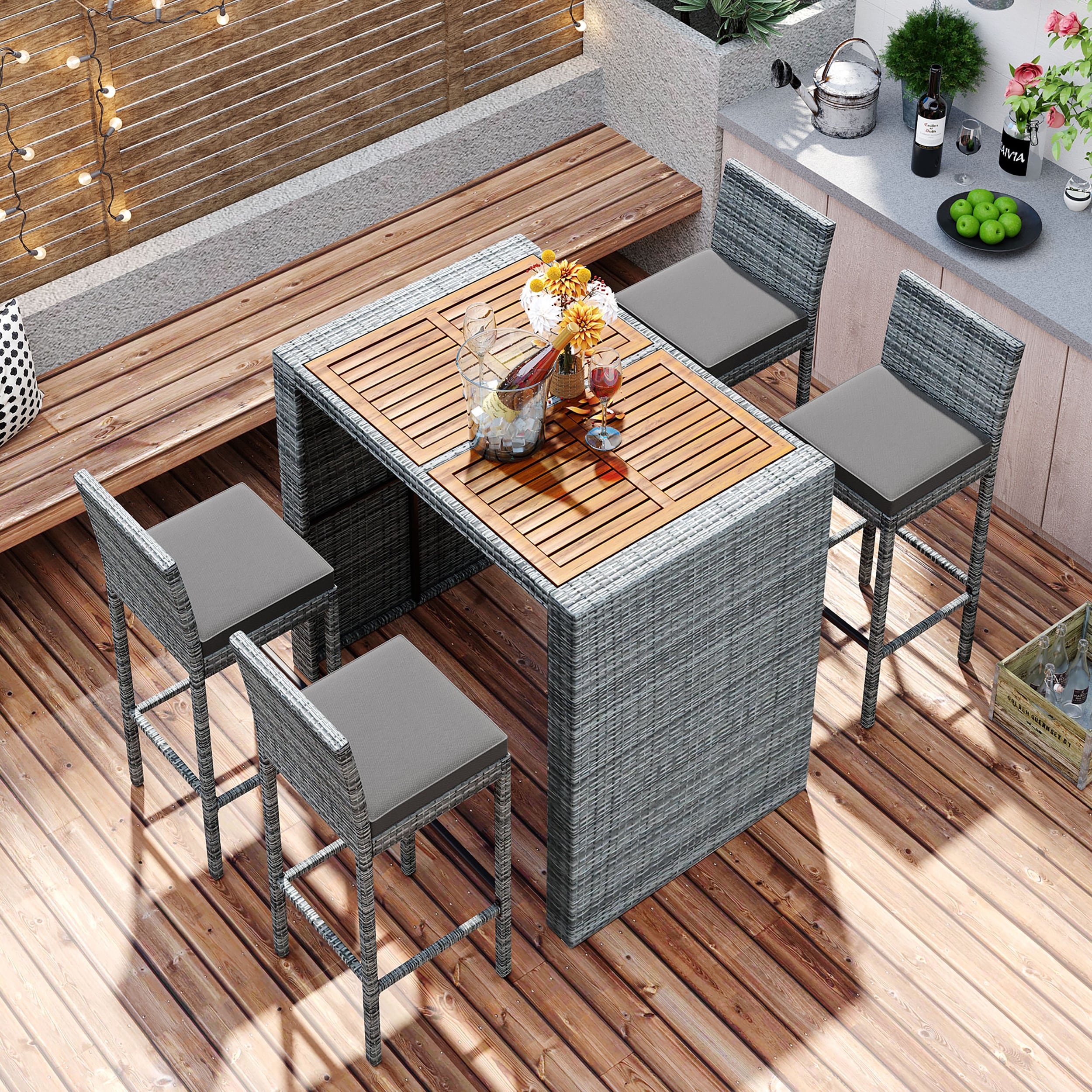 Moda Furnishings MDFG201216AAE 5 -Piece Gray Wicker Bar Height Patio Dining Set Wood Rectangle Table with 4 Gray Cushions Stationary Chairs