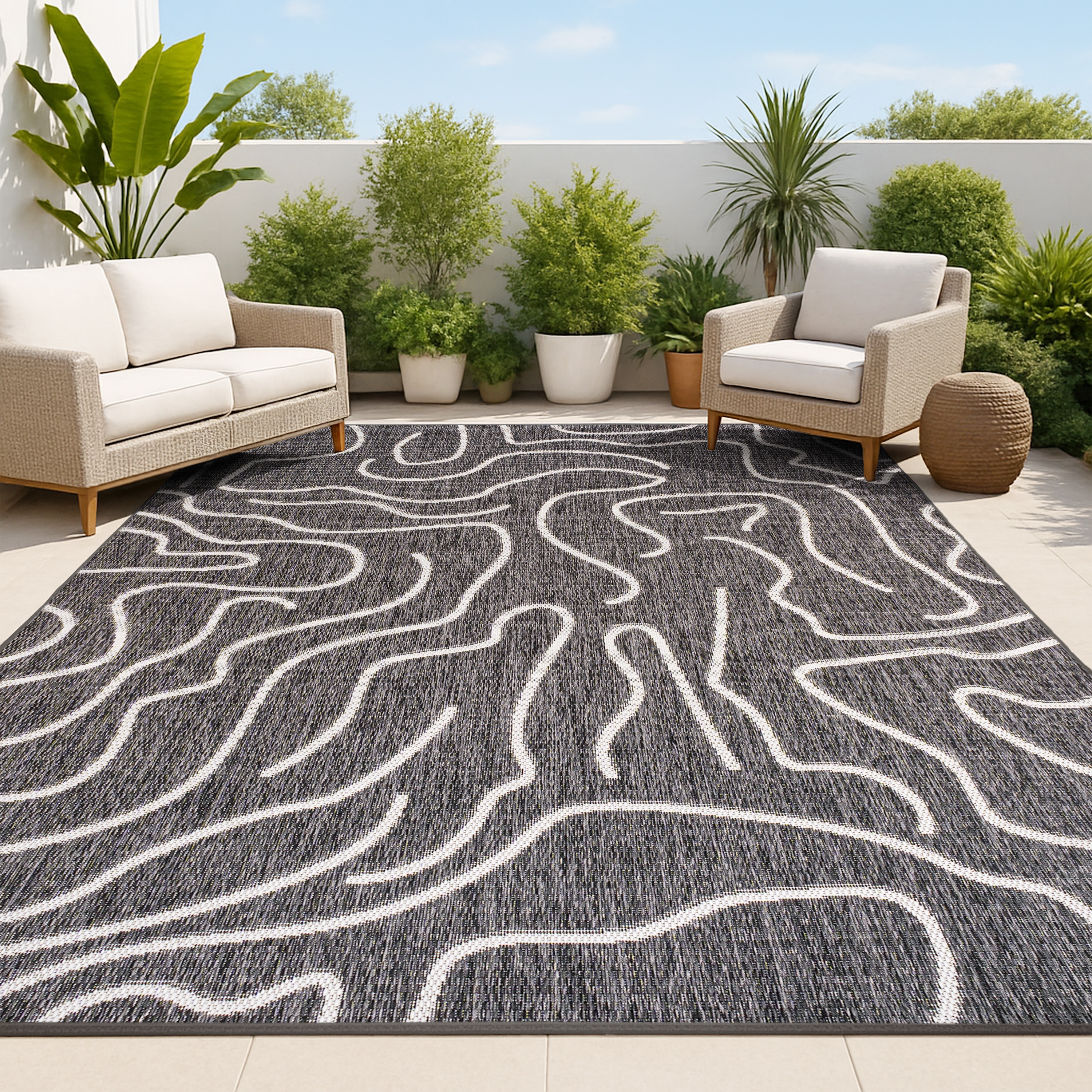 JONATHAN  Y TSN307B-5 TUSCAN SUN Nolan Modern Coastal Organic Shapes 5 x 8 (ft) Loomed Black/Cream Rectangular Indoor/Outdoor Geometric Bohemian/Eclectic Pet Friendly Area rug