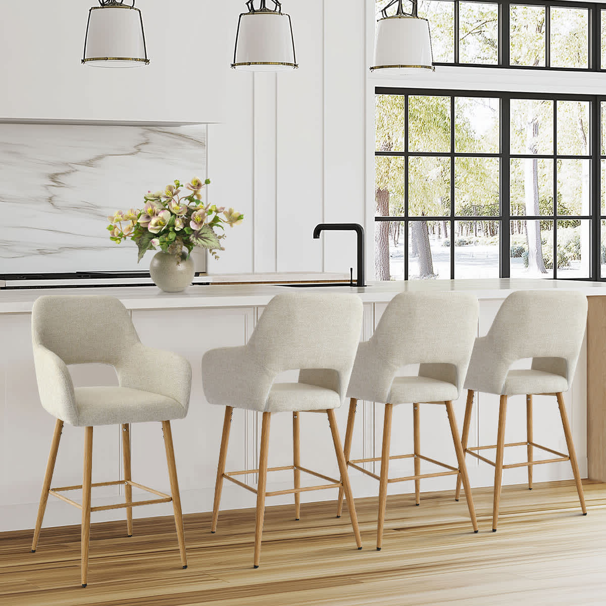 Maison Boucle - Set of 4 Beige Linen Counter Stools with 25.5-in H Upholstered Seat Curved Back A...