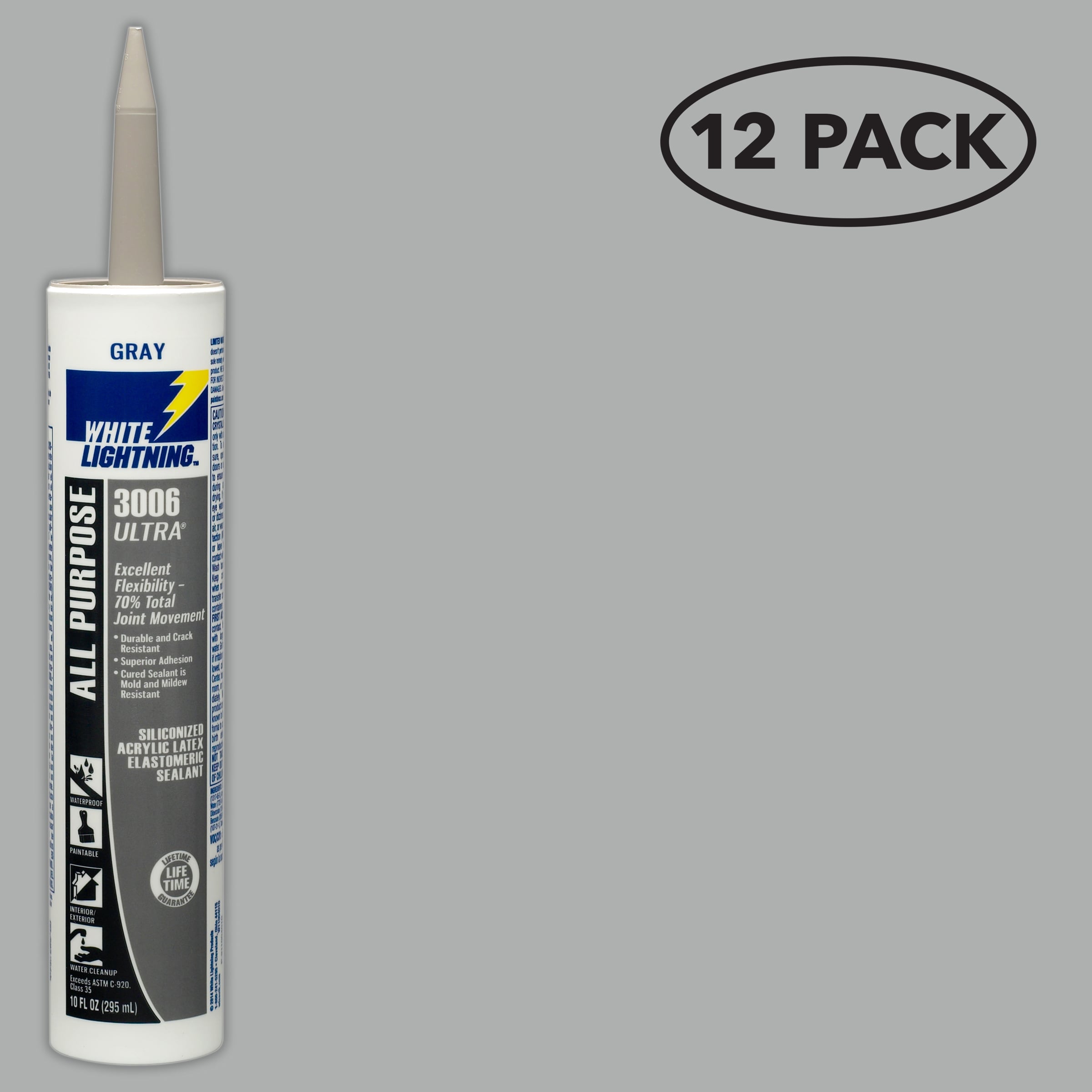 White Lightning W11004010SOS 3006 Ultra 12 -Pack 10-oz Paint trim Gray Paintable Latex Caulk