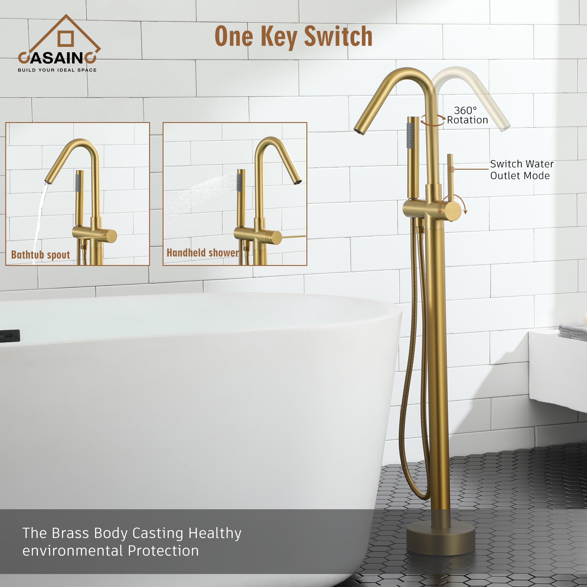 CASAINC Brushed Brass 1-handle Freestanding High-arc Bathtub Faucet ...