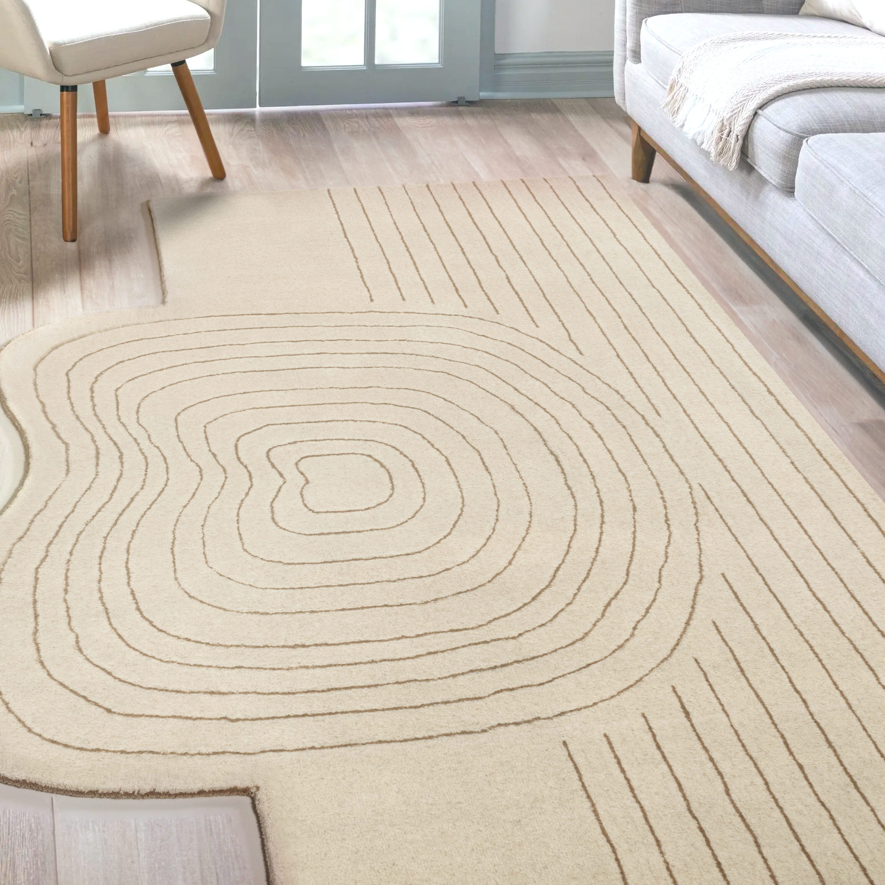 Ivory and Beige Abstract Handwoven Wool Area Rug, 5 ft. x 8 ft.