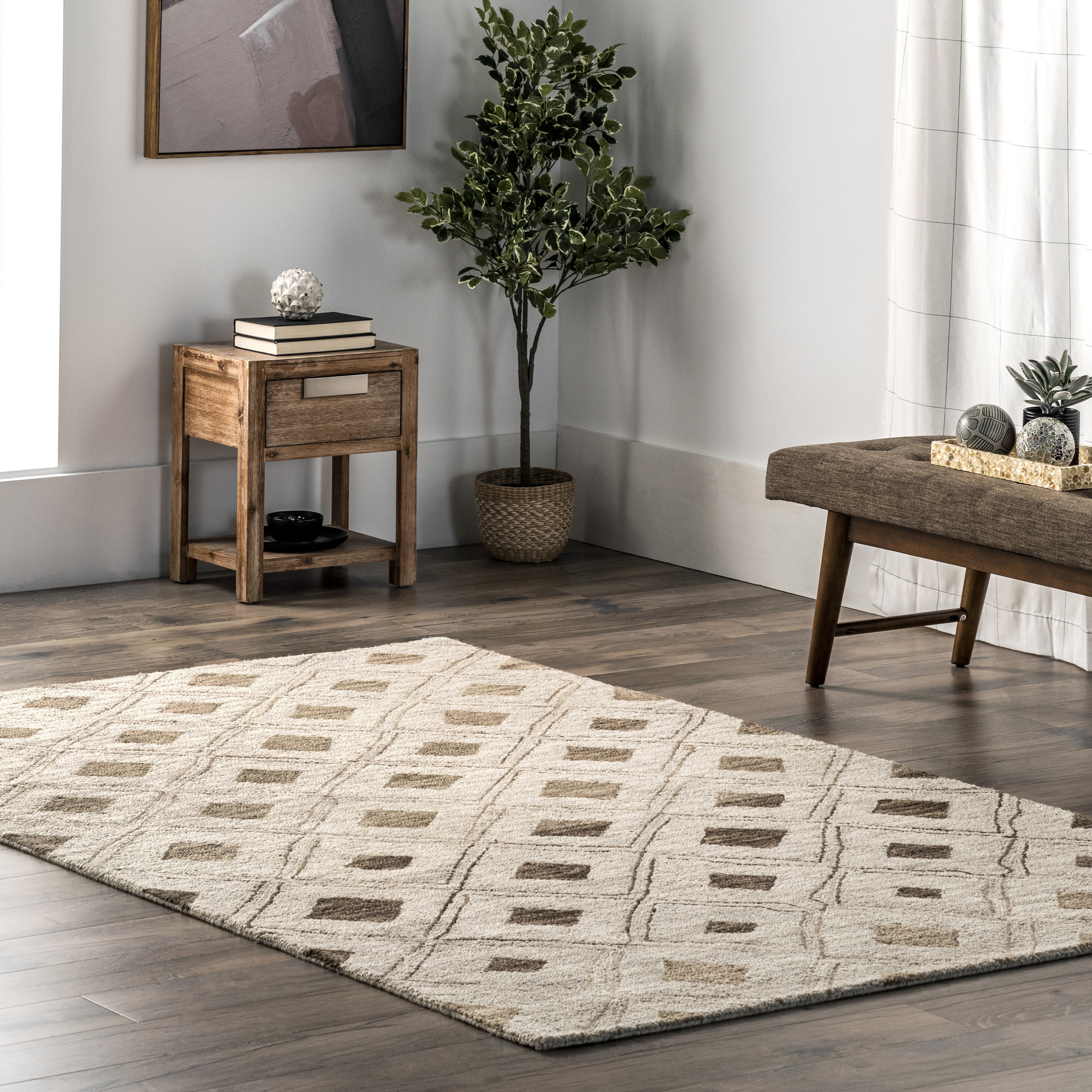 Arvin Olano x Rugs USA MJSH10A-406 Myla 4 x 6 (ft) Tufted Wool Beige Rectangular Indoor Geometric Area rug