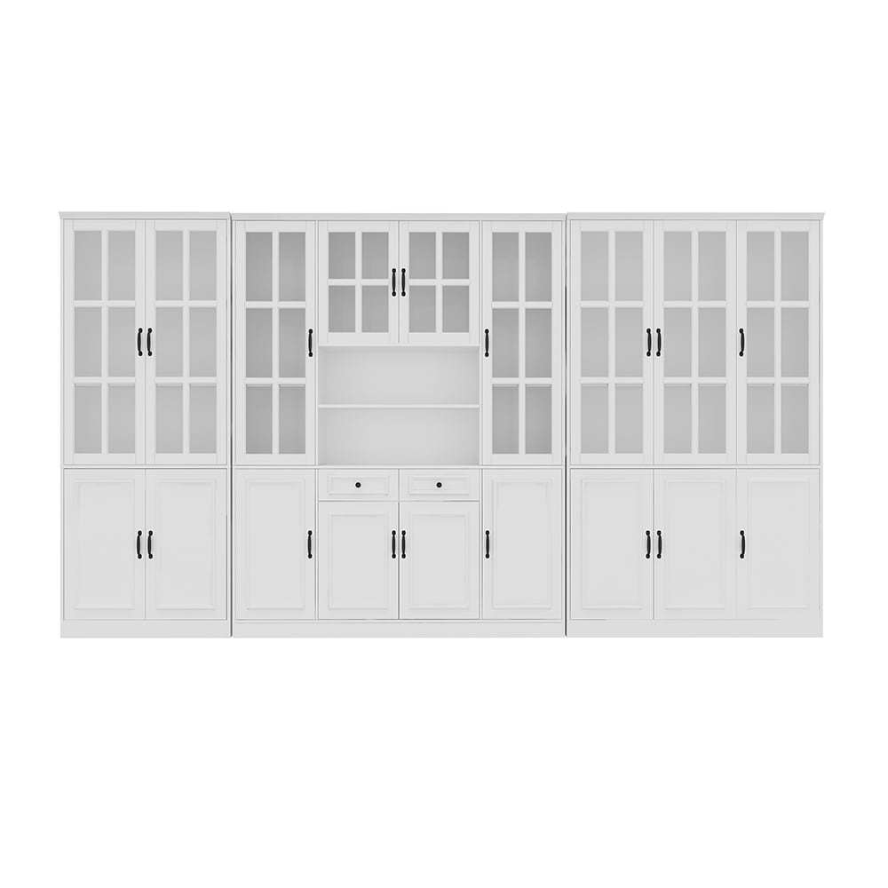 Homsee V-KF020319+320+321 Modern White Bookcase with Black Metal Pulls 3 Vertical Cabinets with Tempered Glass Doors