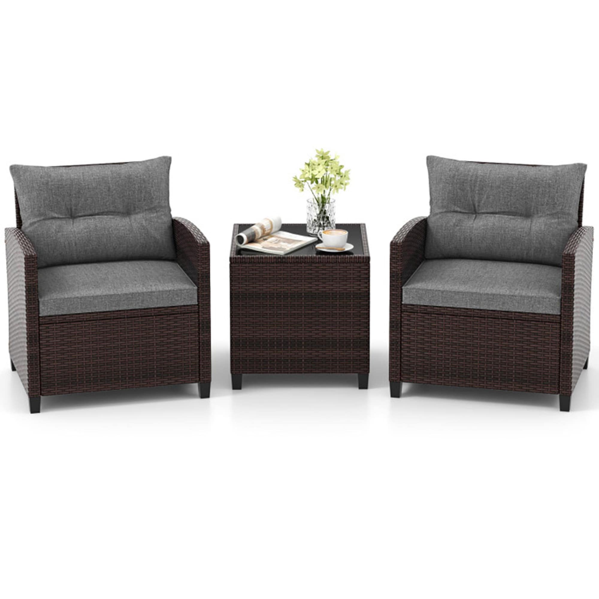 Mondawe LY0007-MO 3 -Piece Rattan Patio Conversation Set with Gray Cushions
