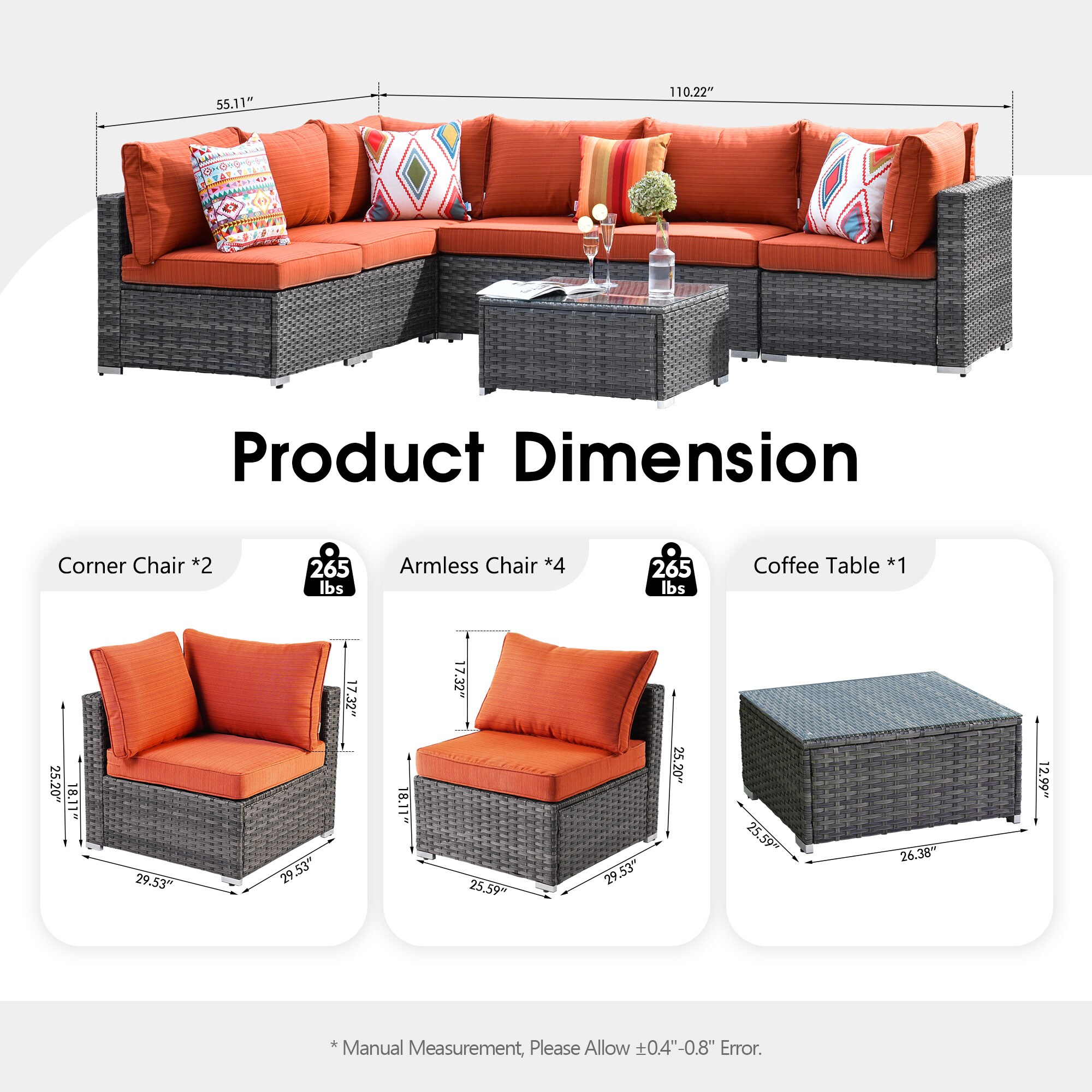 XIZZI Sunrise Rattan Outdoor Sectional with Orange Cushion(S) and Steel  Frame