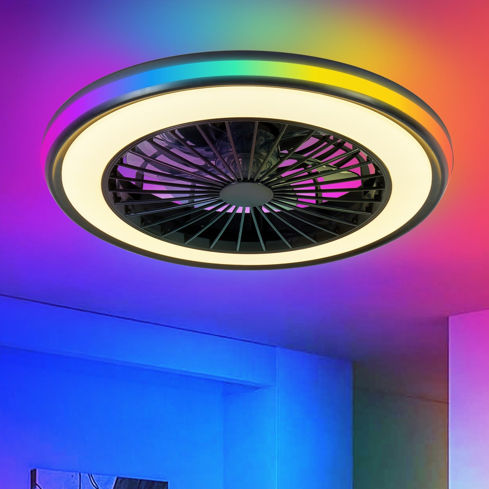 GlasFlength  20-Inch Black Modern LED Ceiling Fan with RGB Infinitely Dimmable Light 3000-4500-6000K for Living Room Bedroom Office Indoor Spaces