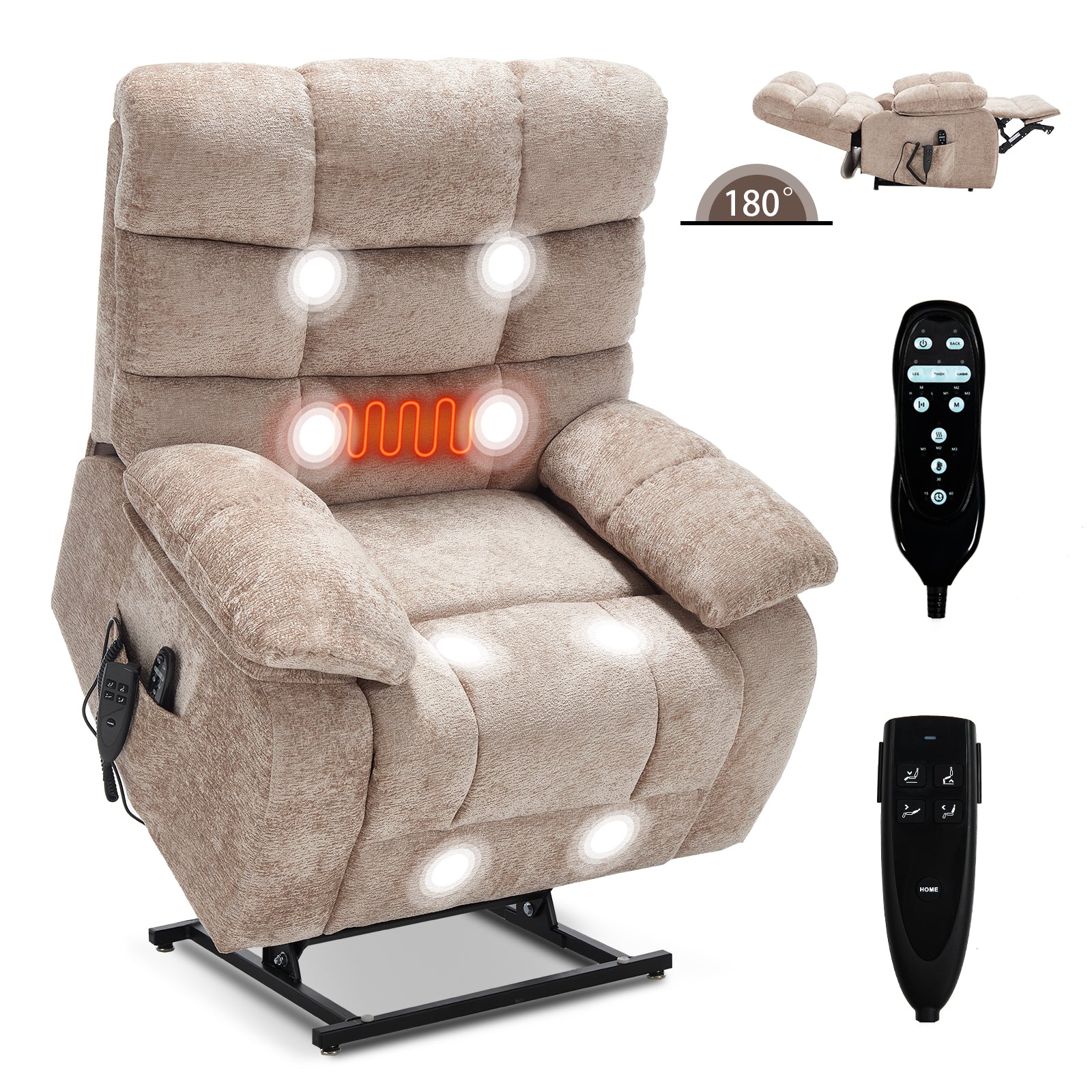Boyel Living BL-CM63421 Beige Dual Motor Infinite Position Chenille Power Lift Recliner Chair with Heat Massage and Power Remote