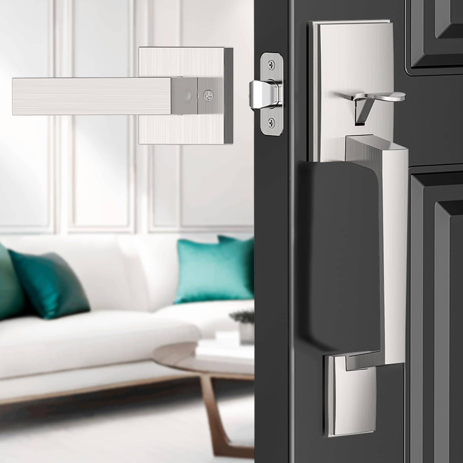 AKSCYZM  Silver Exterior Front Door Handle with Reversible Lever Satin Nickel for Right or Left Handed Doors No Lock Modern Entry Hardware