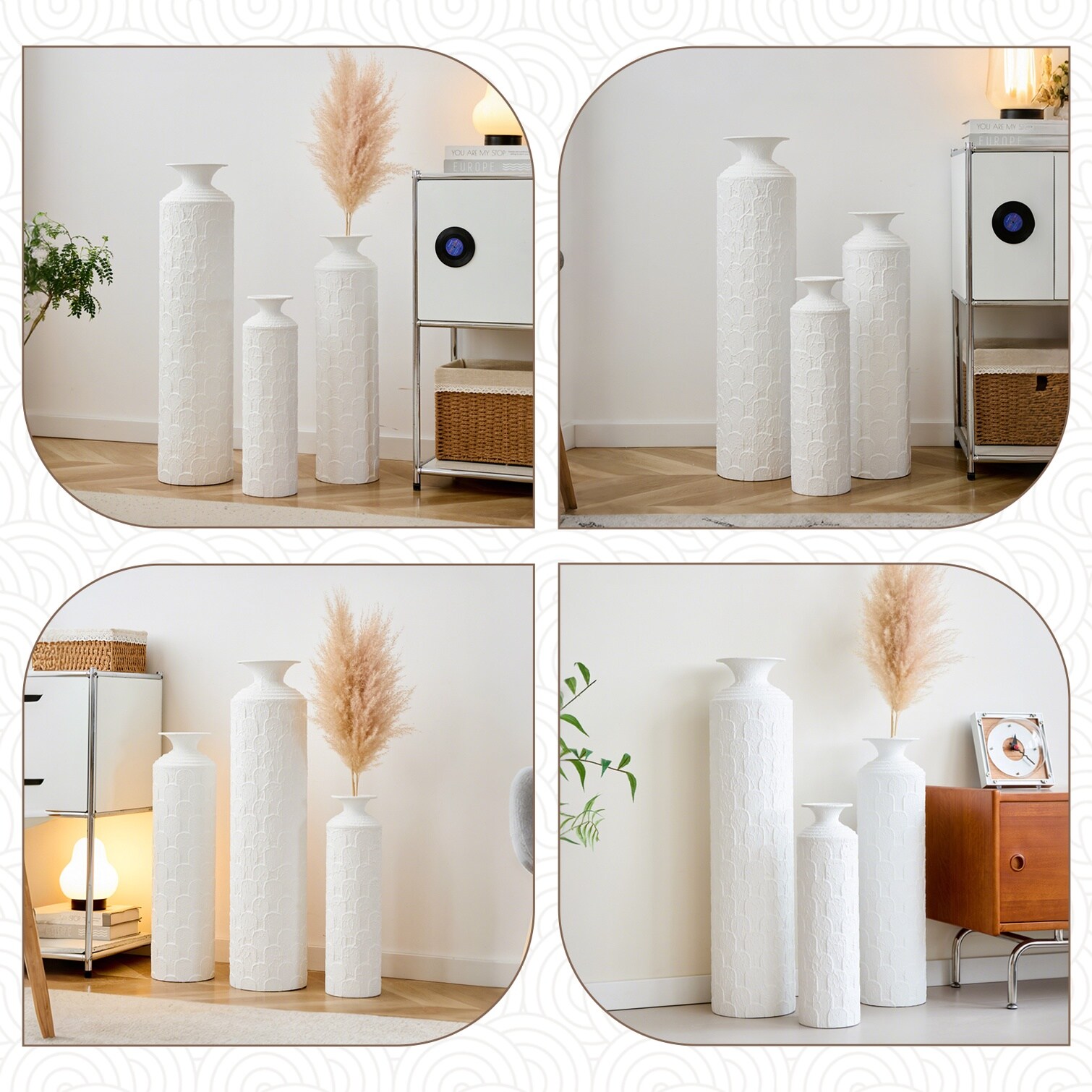 Watnature Textured White Iron Floor Vase Set 3-Piece Modern Round 19.69