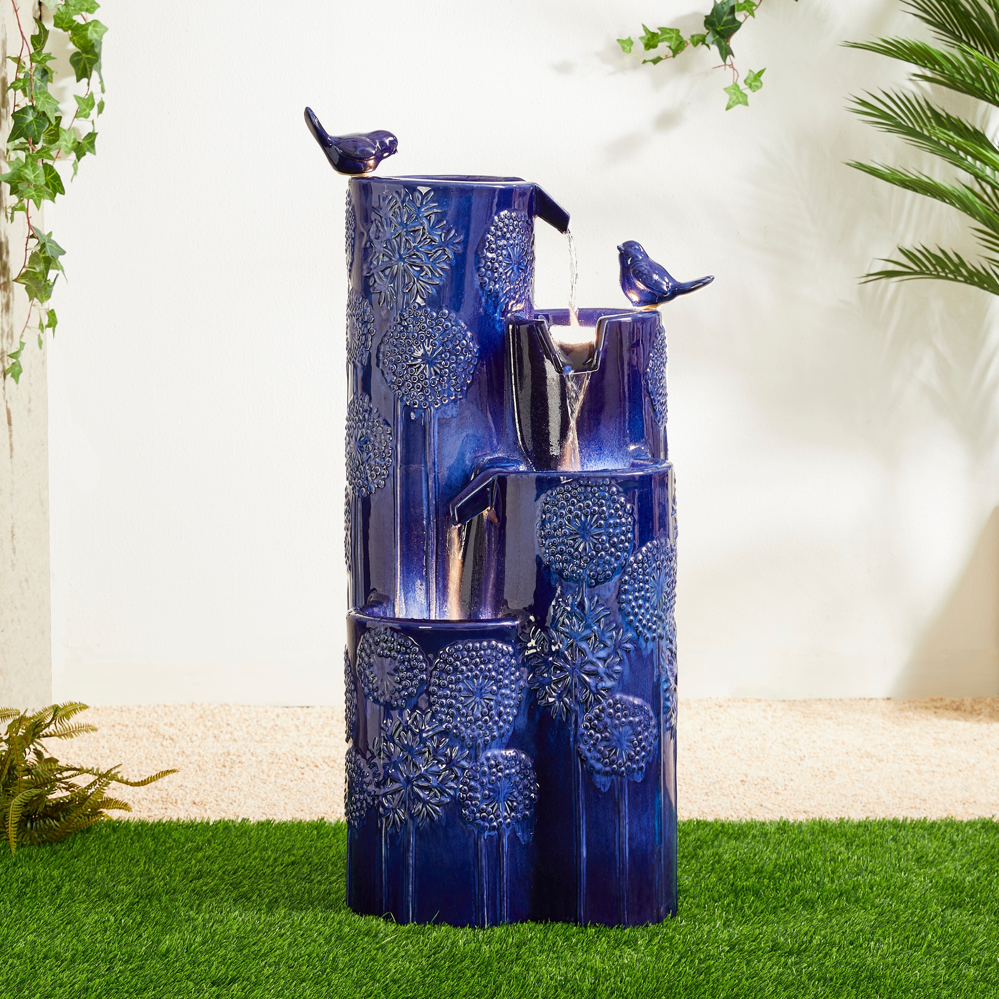 Glitzhome 2007300060 31.75-in H Ceramic Tiered Outdoor Fountain Pump Included