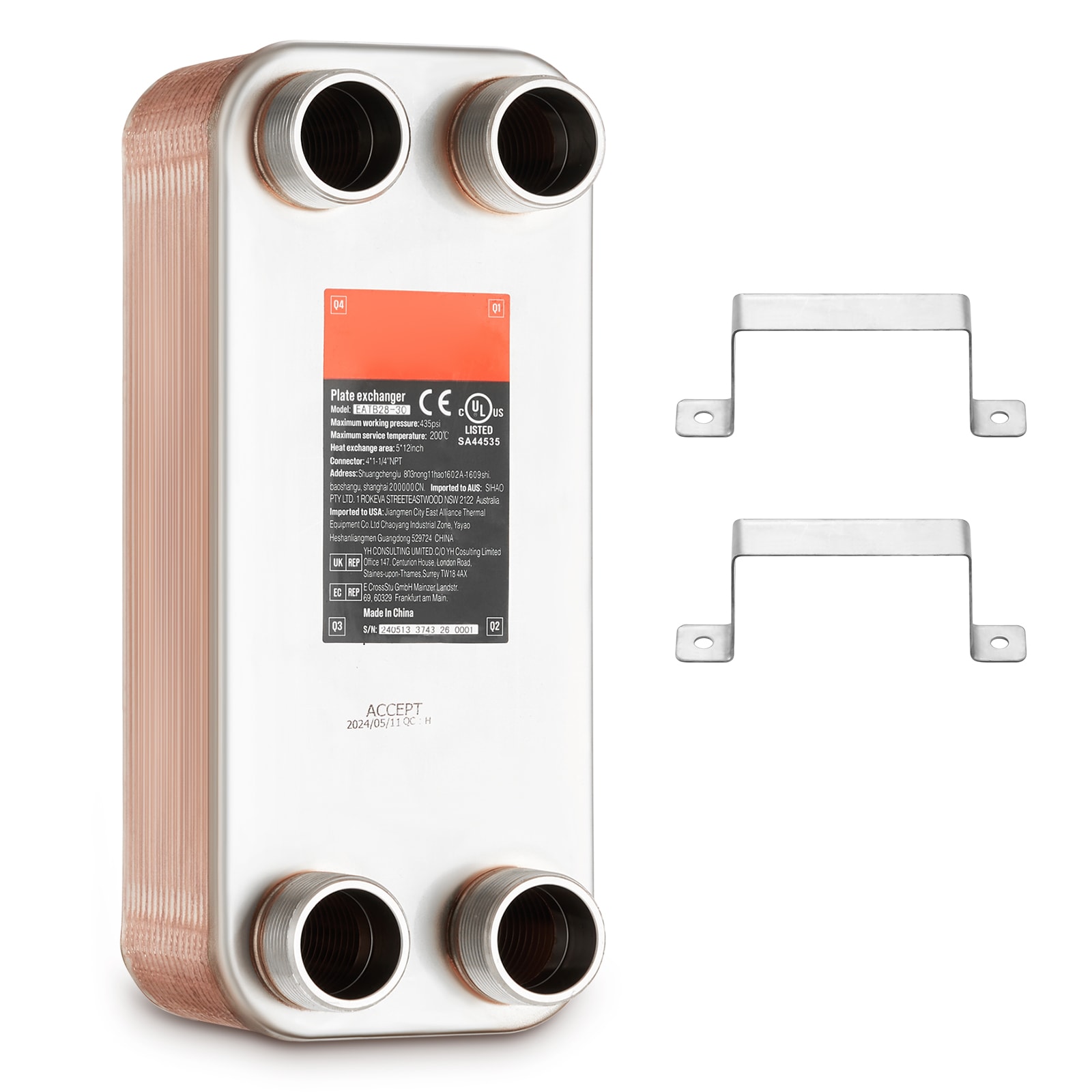 GIVIMO Brazed Plate Heat Exchanger 5-in x 12-in 30 Plates Water to Water 316L Stainless Copper Brazed 260K to 360K BTU with 4 One and 1/4-in MNPT Ports and 2 Mounting Brackets CE