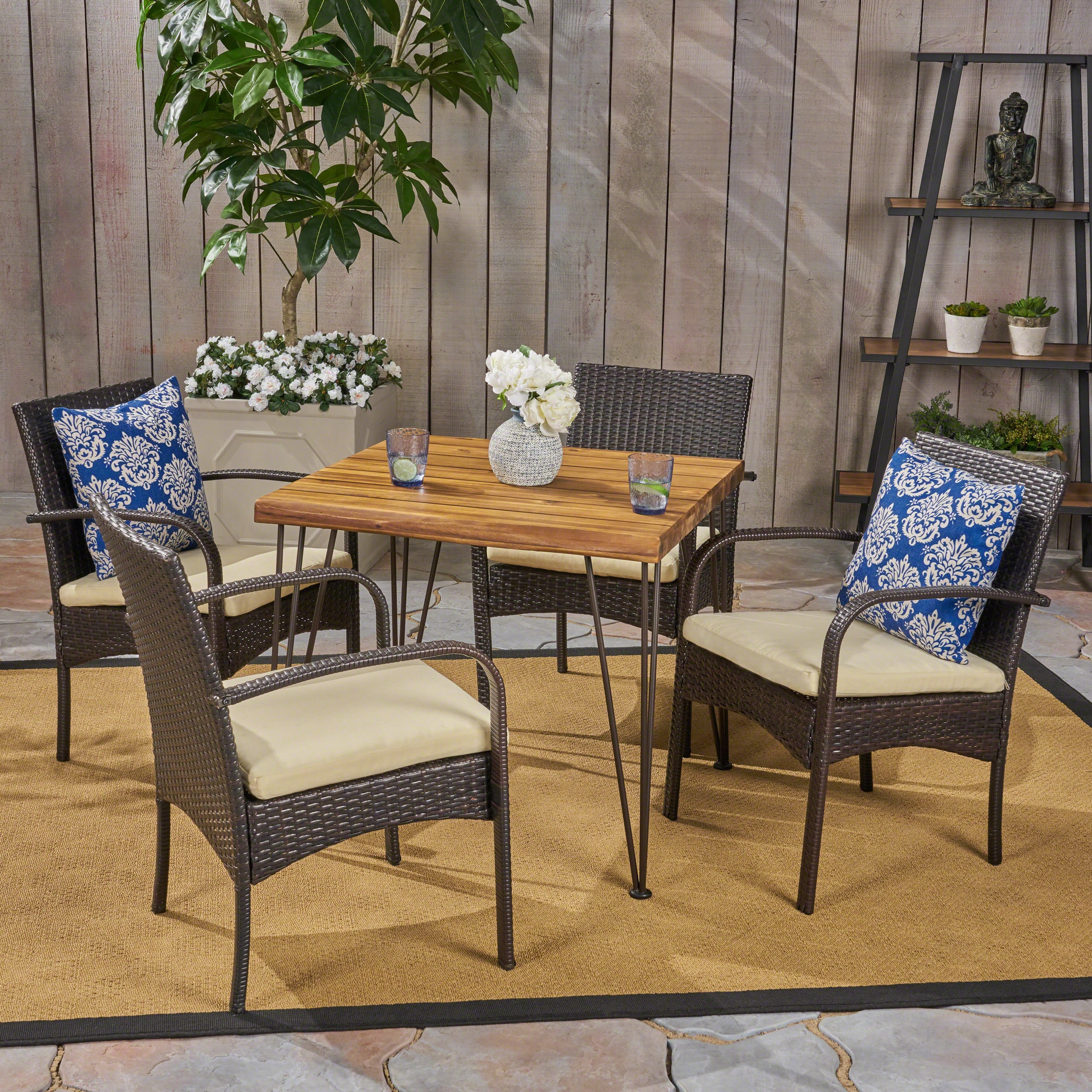 Christopher Knight Home 305467 Clayton Outdoor Industrial Wood and Wicker 5 Piece Square Dining Set Teak and Multi Brown and Crème