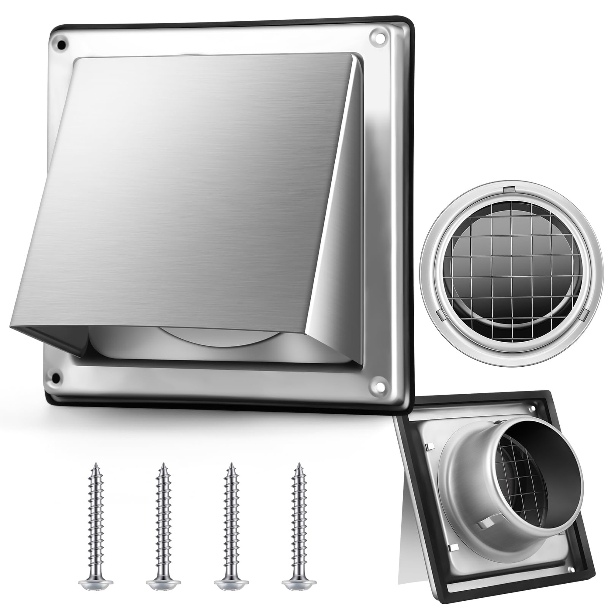 Angel Sar Stainless Steel Dryer Vent Cover 4 Inch Outside Wall Exhaust Cap with Non Return Flap Sealing Gasket and Screen for HVAC Extractor Fan