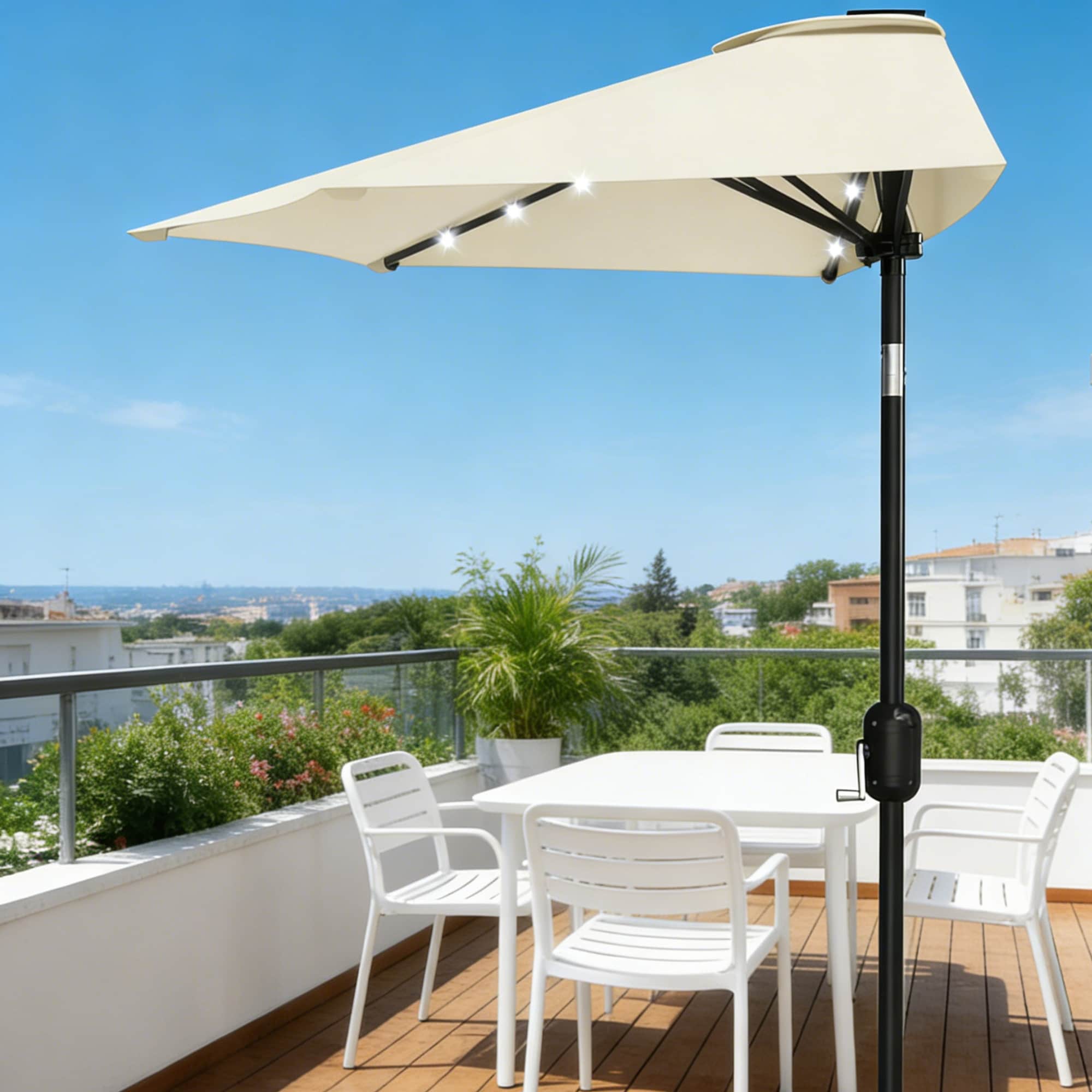 Aoile  9ft Half Umbrella with Solar LED Lights and Crank Lift - Beige